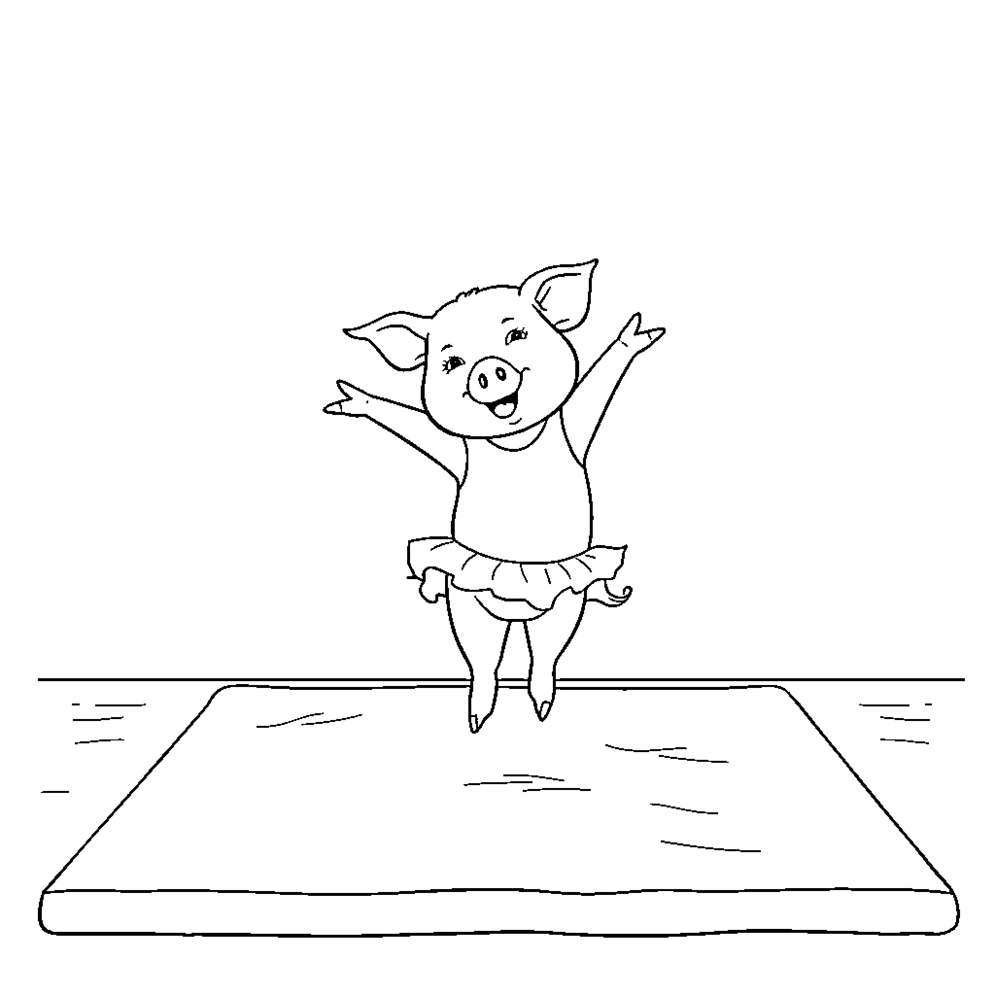 Pig dancing happily on the stage Coloring Page (free black-and-white line drawing printable PDF for all, from beginners to advanced learners, including children, teens, adults, and seniors)