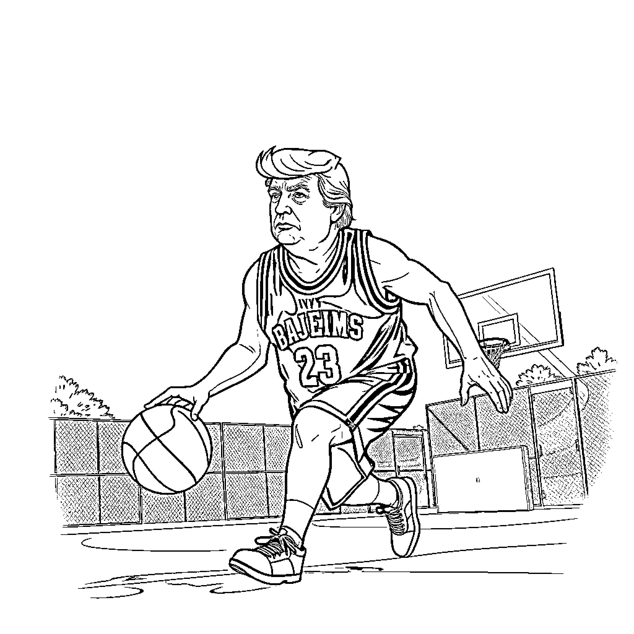 Trump Playing Basketball in Casual Attire Coloring Page (free black-and-white line drawing printable PDF for all, from beginners to advanced learners, including children, teens, adults, and seniors)
