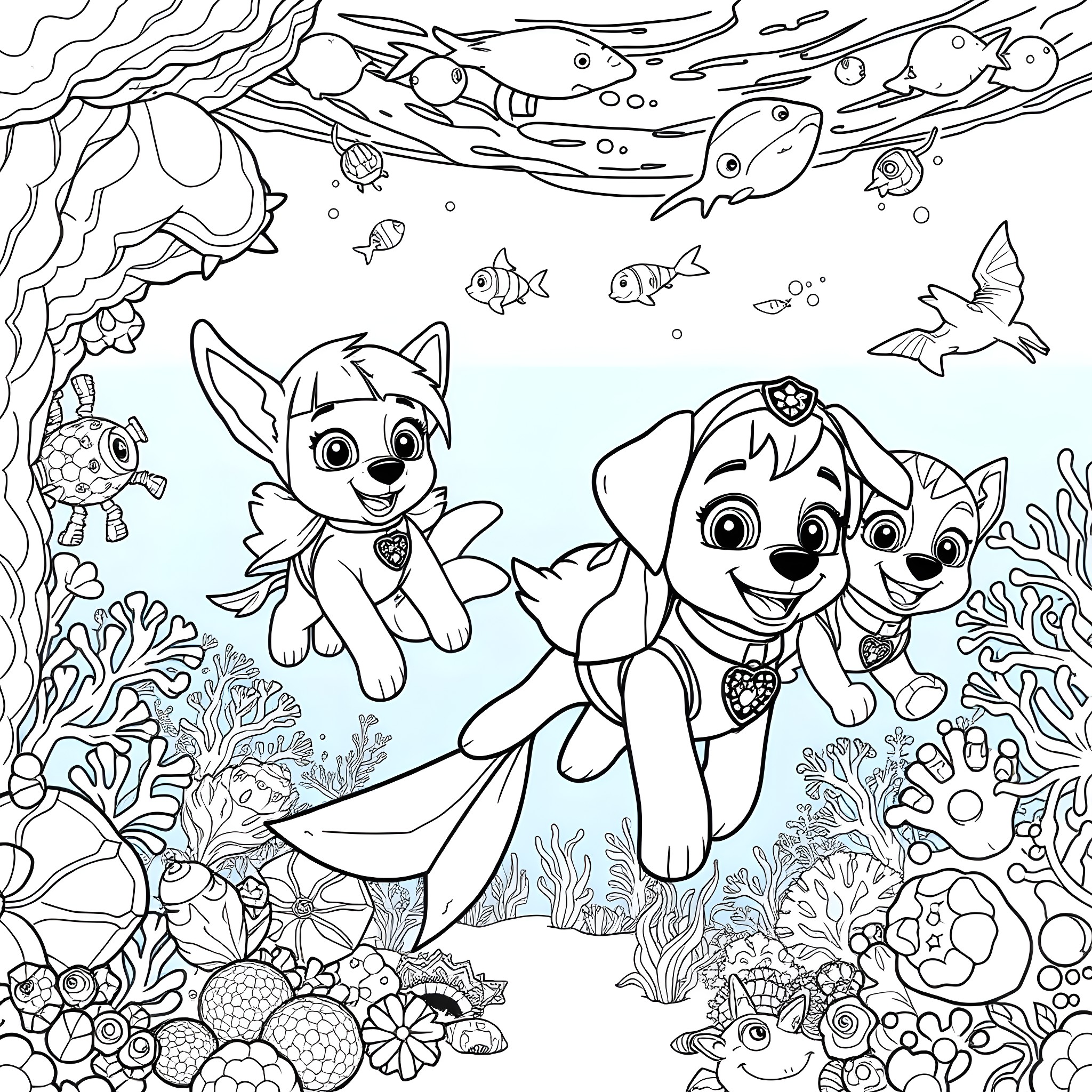 Paw Patrol characters exploring underwater world Coloring Page (free black-and-white line drawing printable PDF for all, from beginners to advanced learners, including children, teens, adults, and seniors)