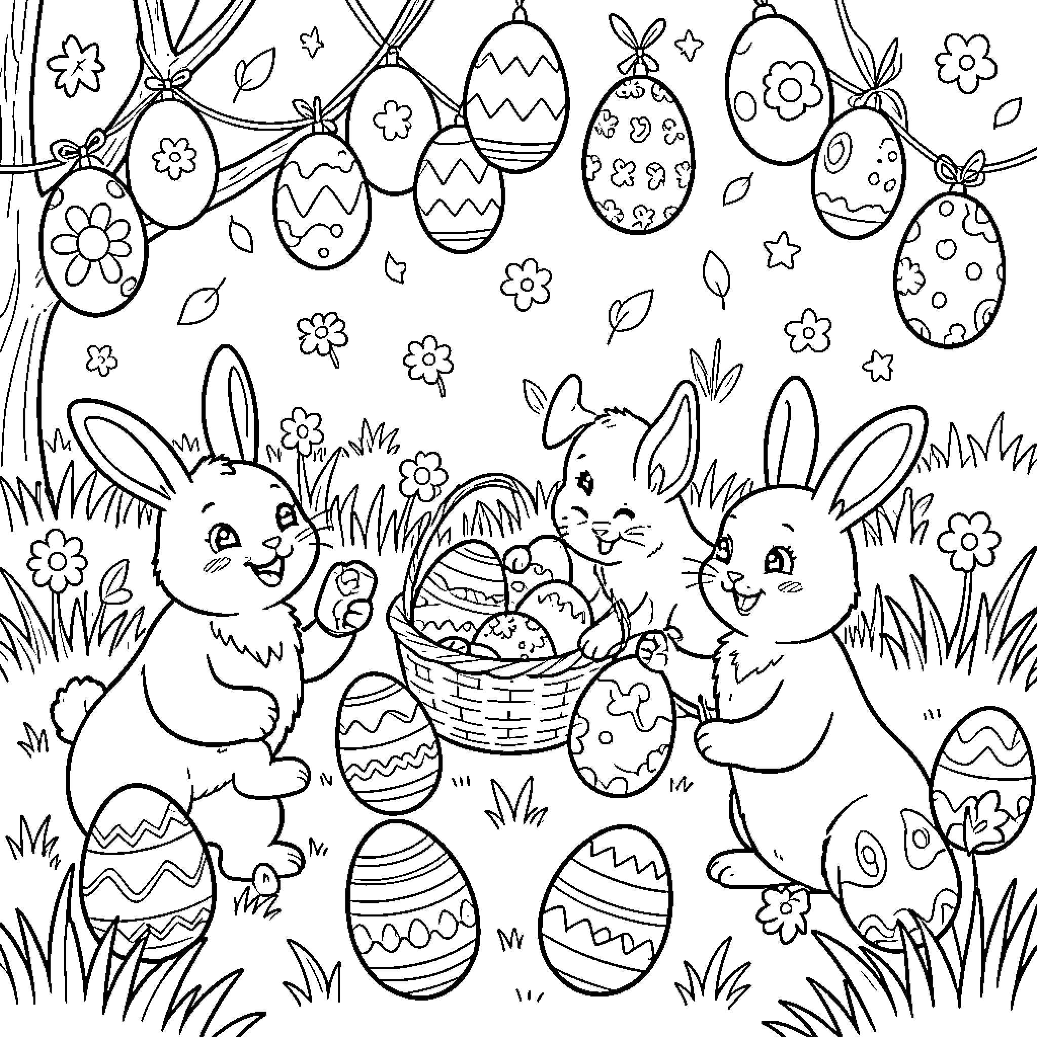 Easter Bunnies Celebrate with Decorated Eggs Coloring Page (free black-and-white line drawing printable PDF for all, from beginners to advanced learners, including children, teens, adults, and seniors)