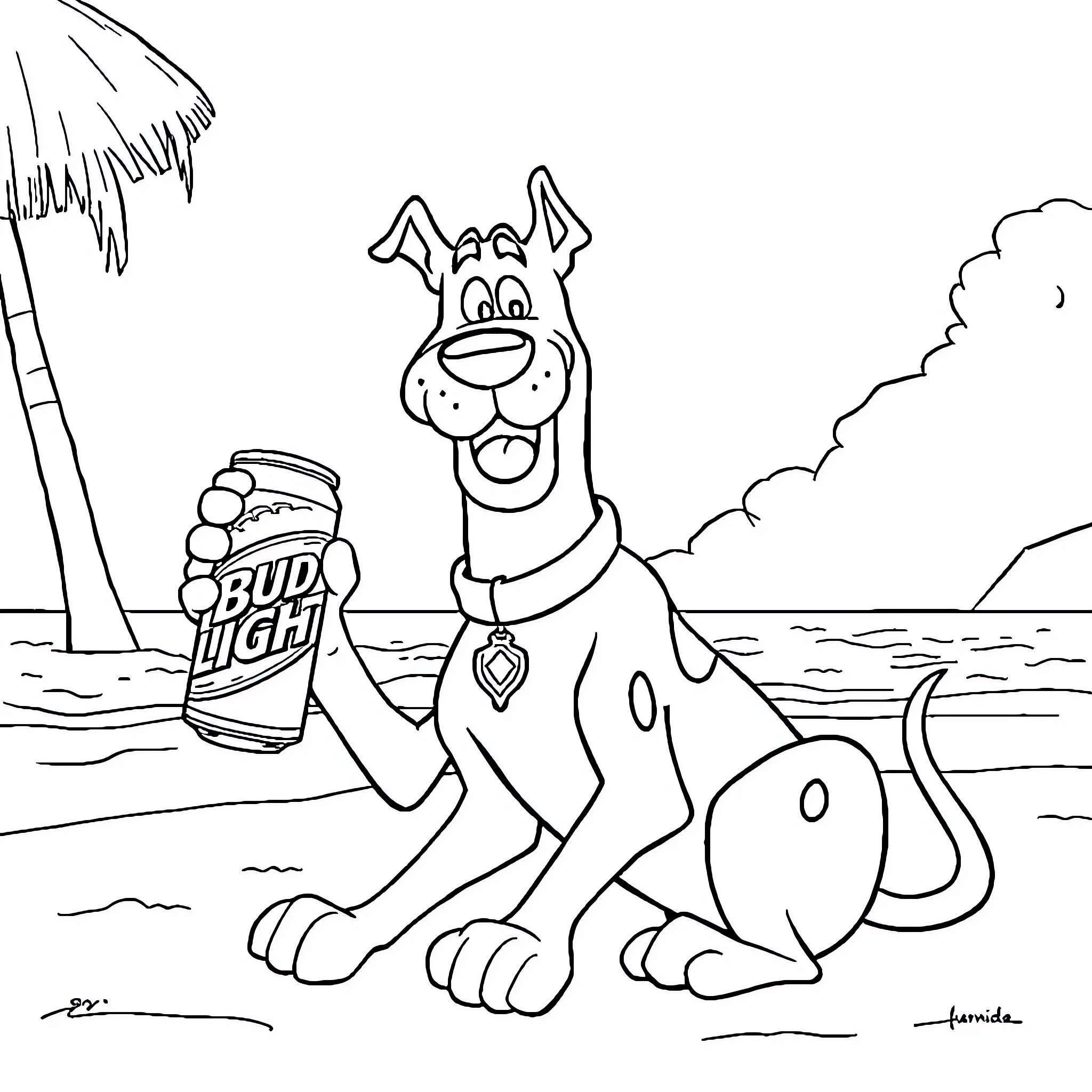 Scooby Doo enjoying a beach day with a soda Coloring Page (free black-and-white line drawing printable PDF for all, from beginners to advanced learners, including children, teens, adults, and seniors)