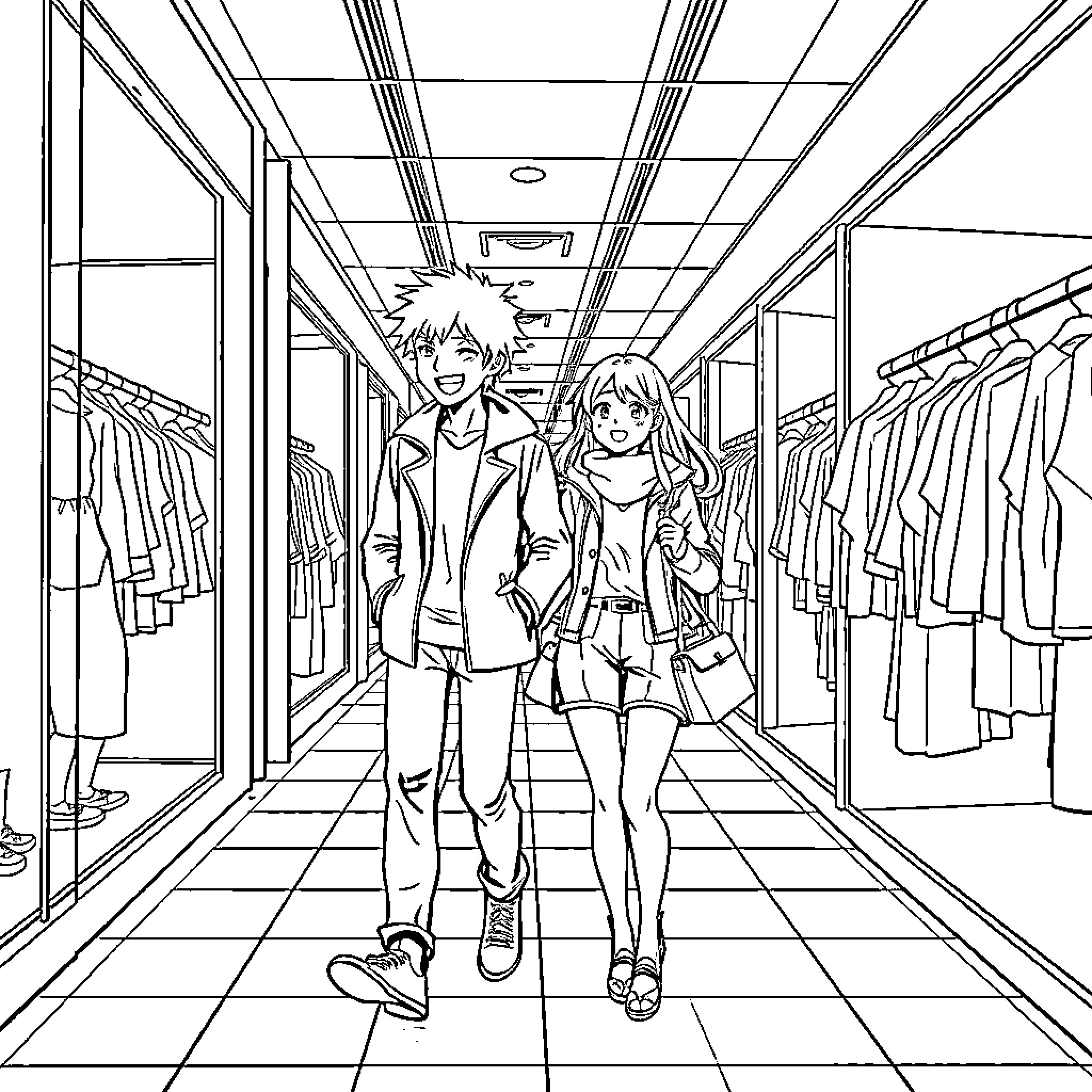 Kafka's Fashionable Frolics: Youthful Duo's Shopping Spree Coloring Page (free black-and-white line drawing printable PDF for all, from beginners to advanced learners, including children, teens, adults, and seniors)
