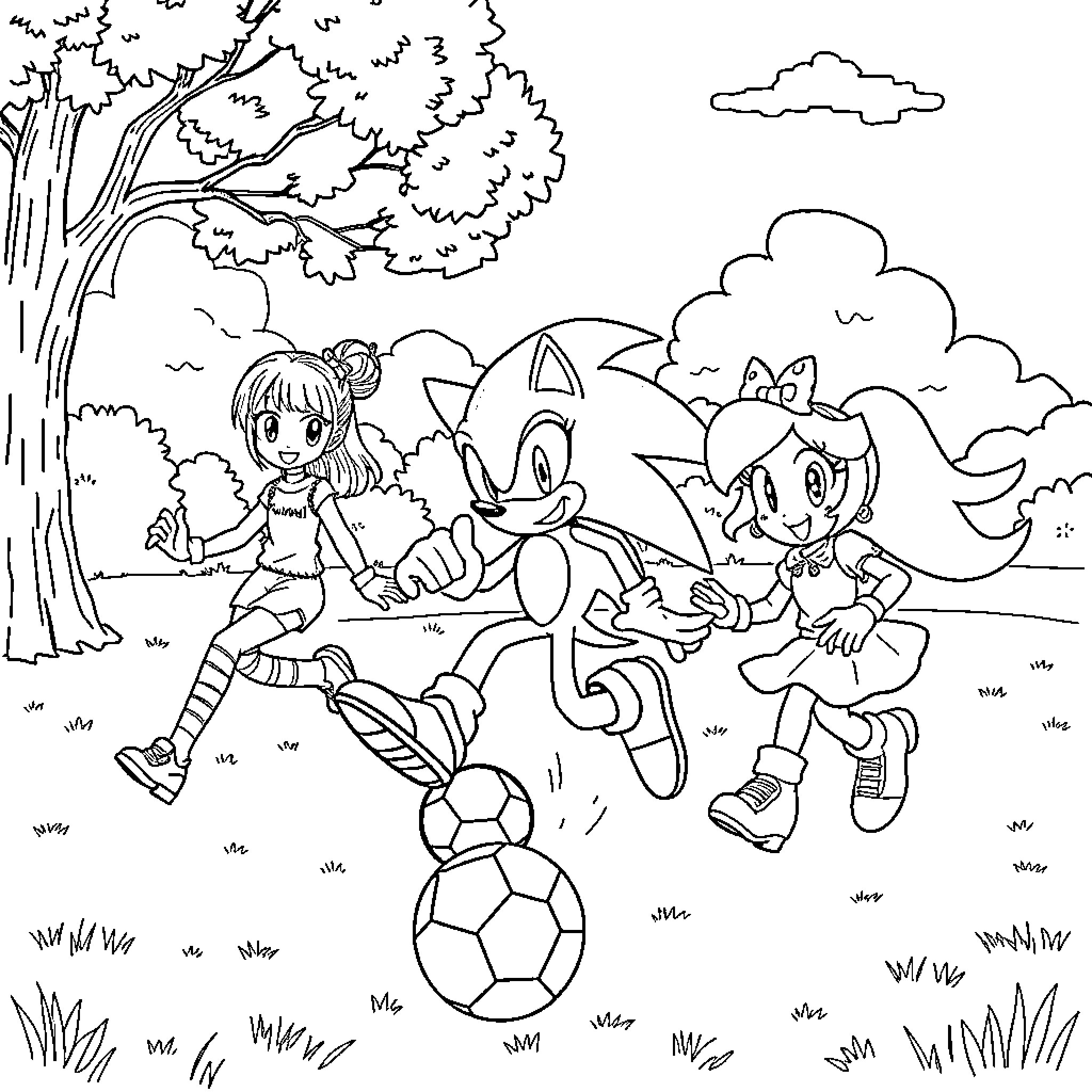 Rumi and friends play soccer in the park Coloring Page (free black-and-white line drawing printable PDF for all, from beginners to advanced learners, including children, teens, adults, and seniors)