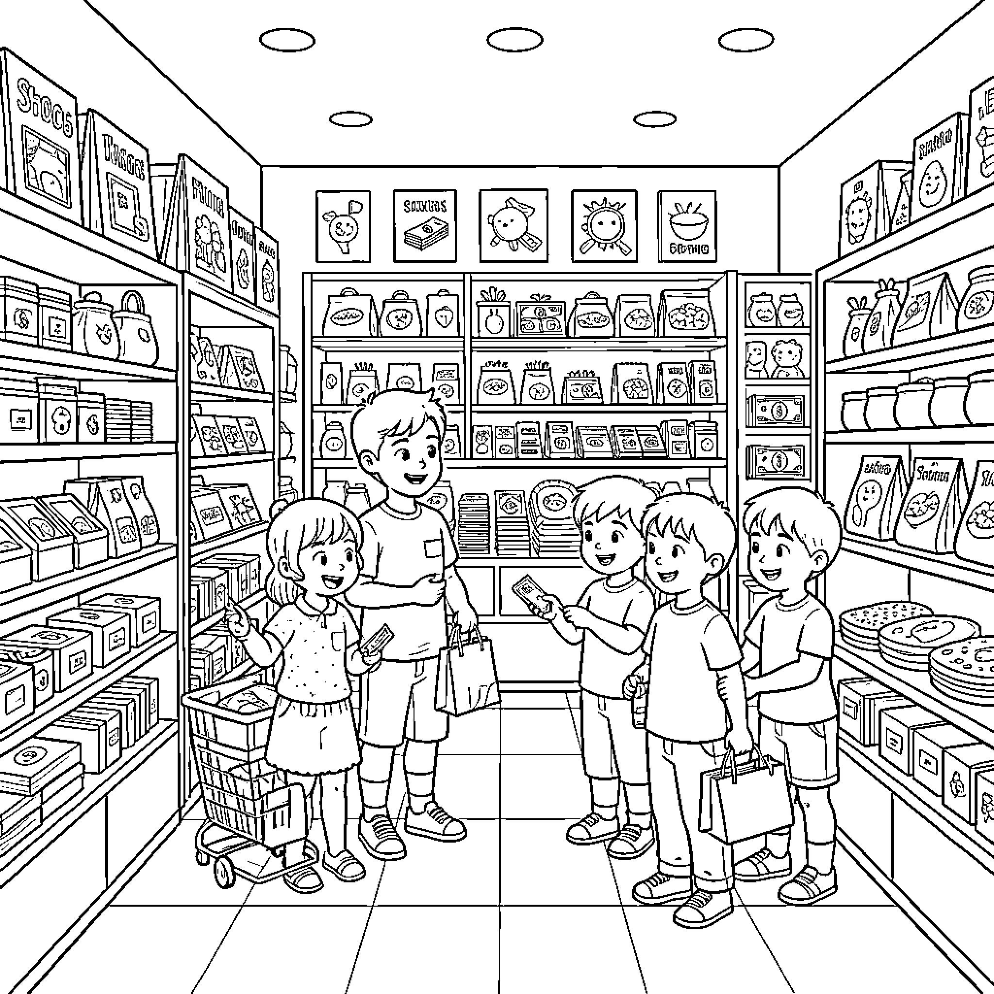 Kid Explores Fun Snacks at Grocery Store Coloring Page (free black-and-white line drawing printable PDF for all, from beginners to advanced learners, including children, teens, adults, and seniors)