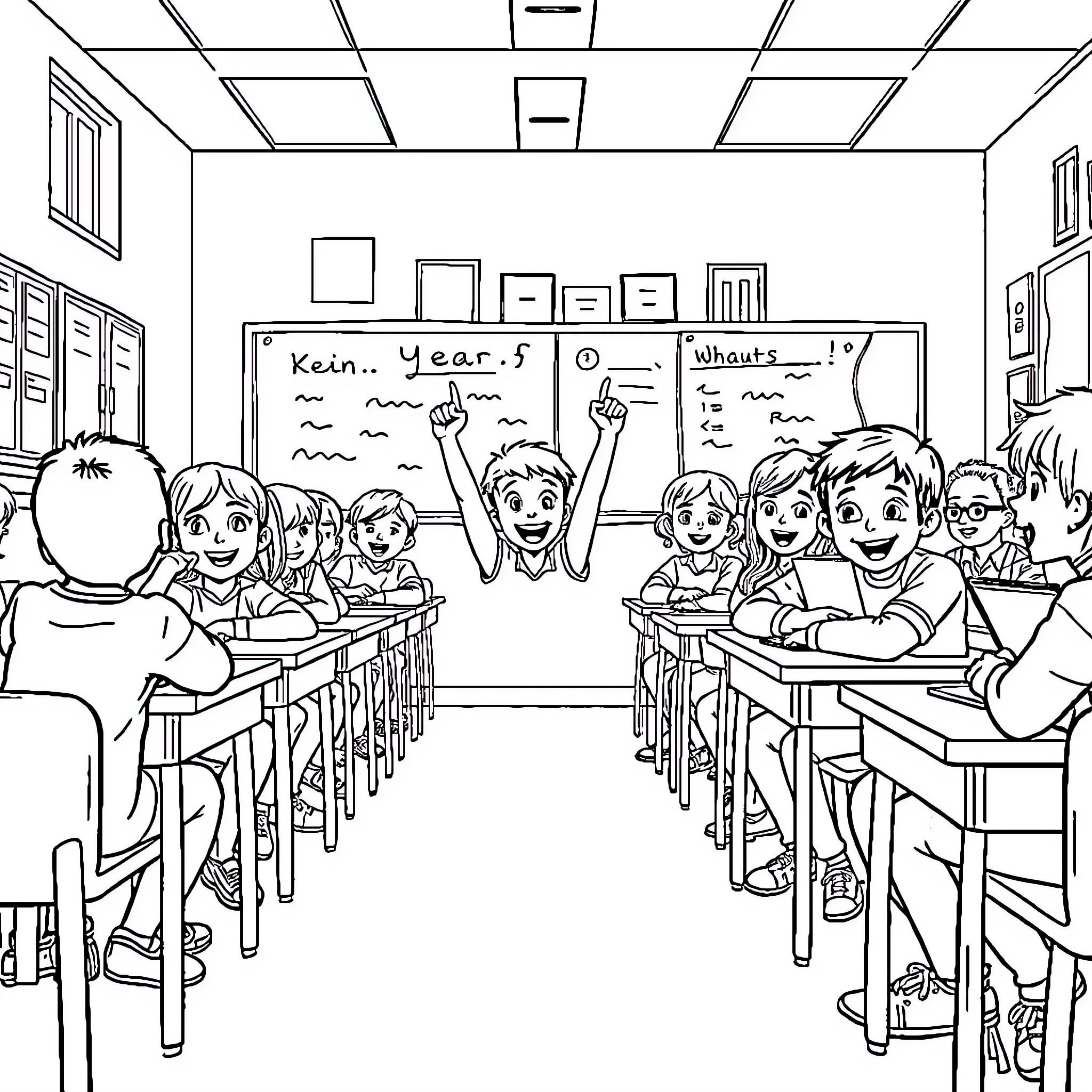 Year 5 Students Engaged in Classroom Learning Coloring Page (free black-and-white line drawing printable PDF for all, from beginners to advanced learners, including children, teens, adults, and seniors)