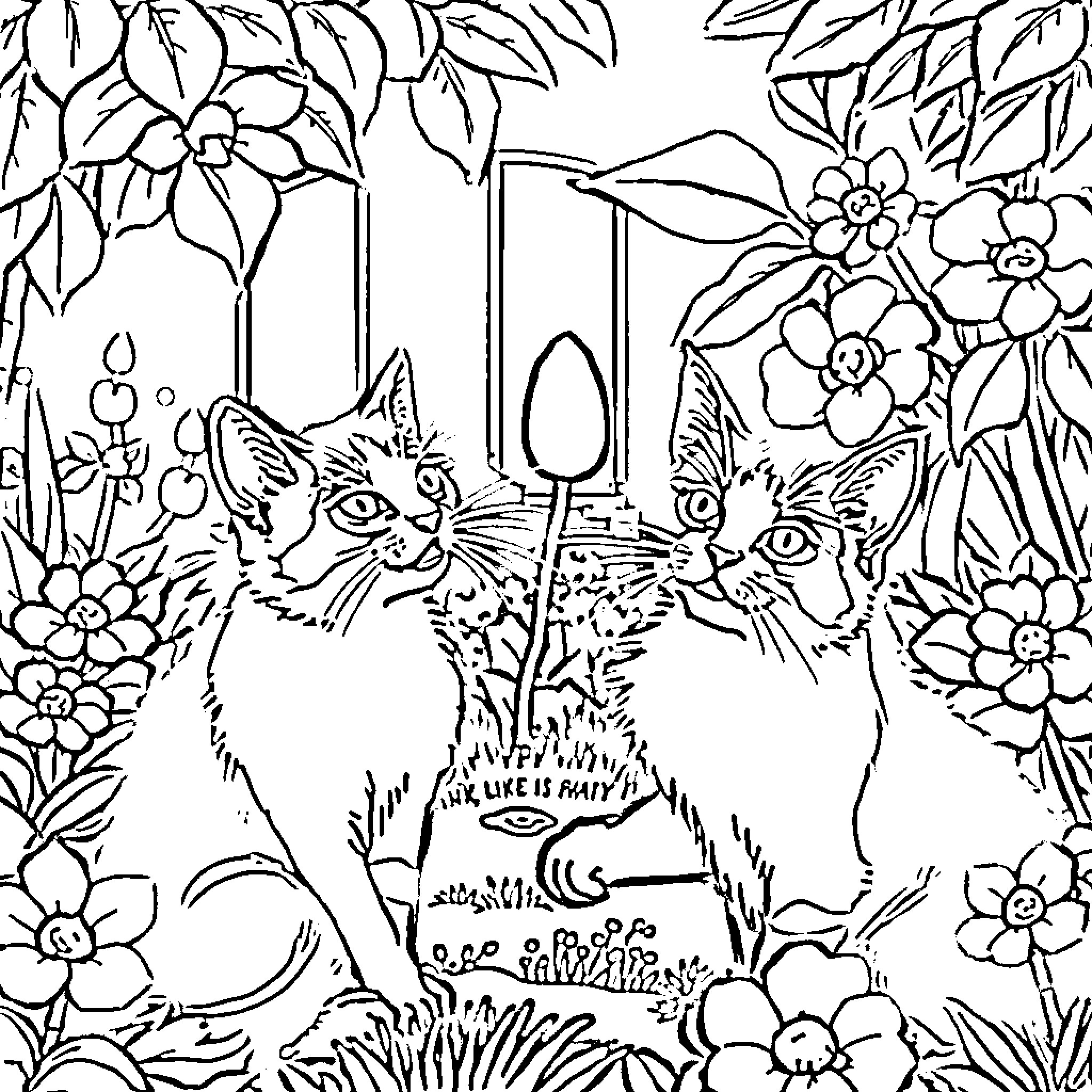 Cat friends in the garden Coloring Page (free black-and-white line drawing printable PDF for all, from beginners to advanced learners, including children, teens, adults, and seniors)