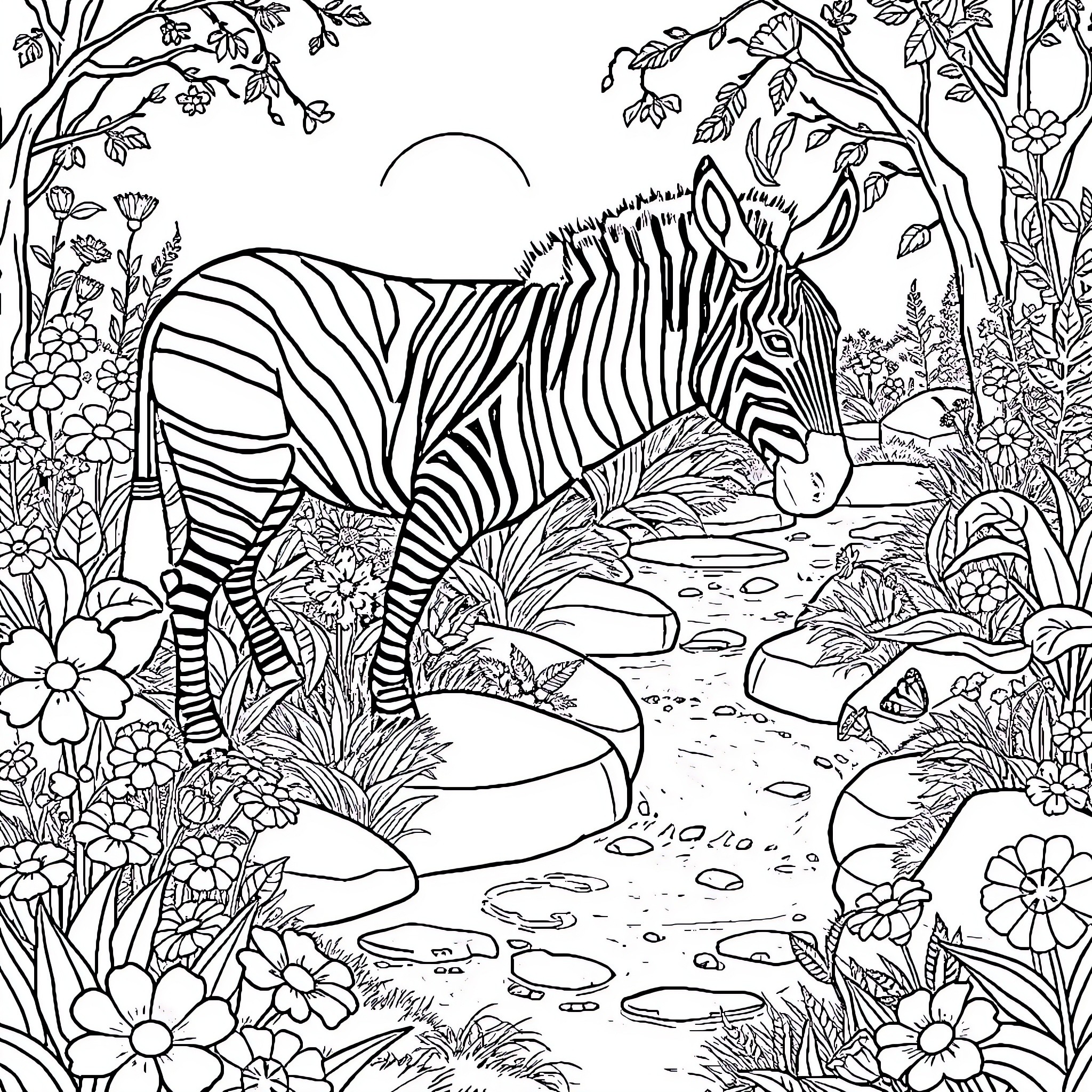 Zebra in a Lush, Floral Landscape Coloring Page (free black-and-white line drawing printable PDF for all, from beginners to advanced learners, including children, teens, adults, and seniors)