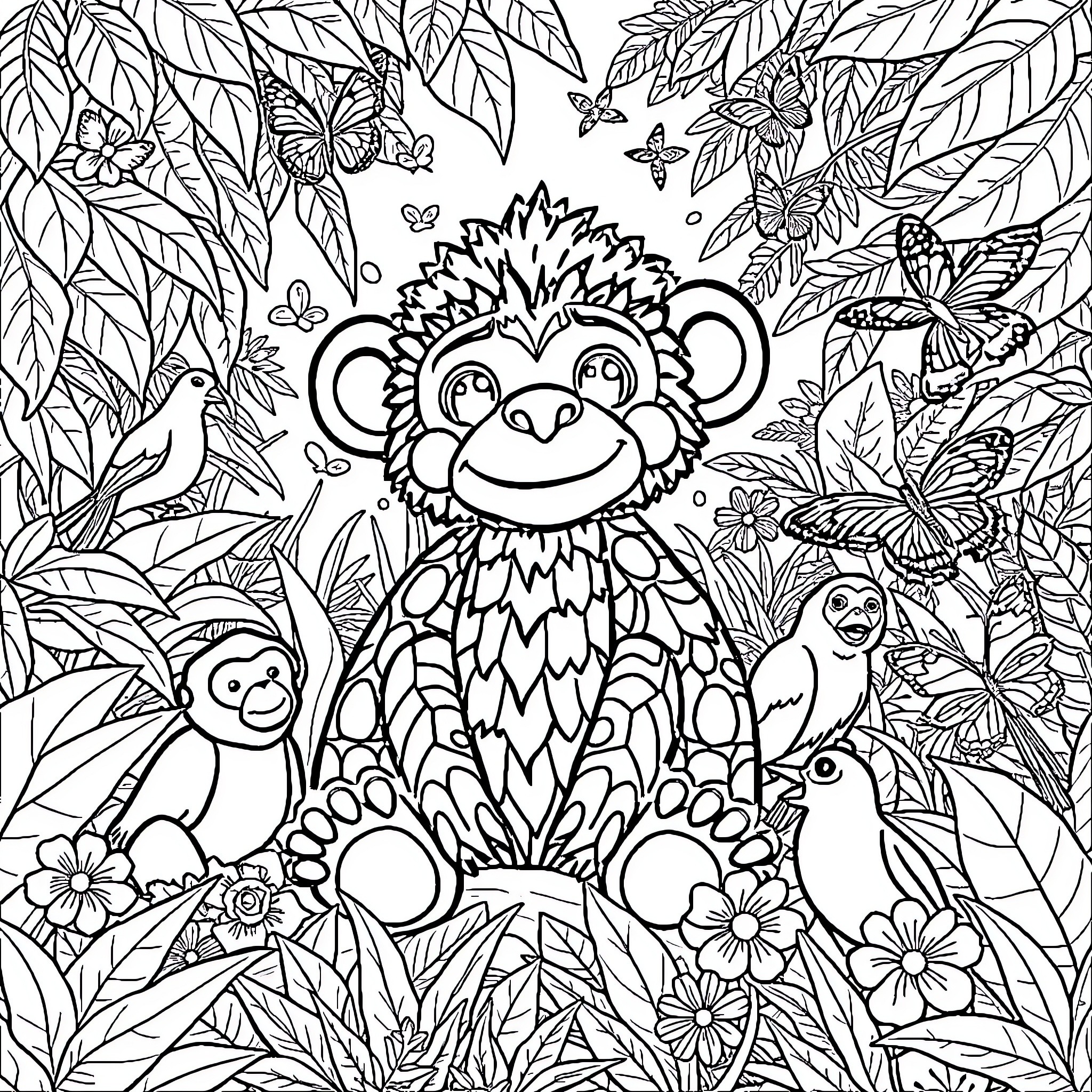 Labubu's Playful Jungle Adventure Coloring Page (free black-and-white line drawing printable PDF for all, from beginners to advanced learners, including children, teens, adults, and seniors)