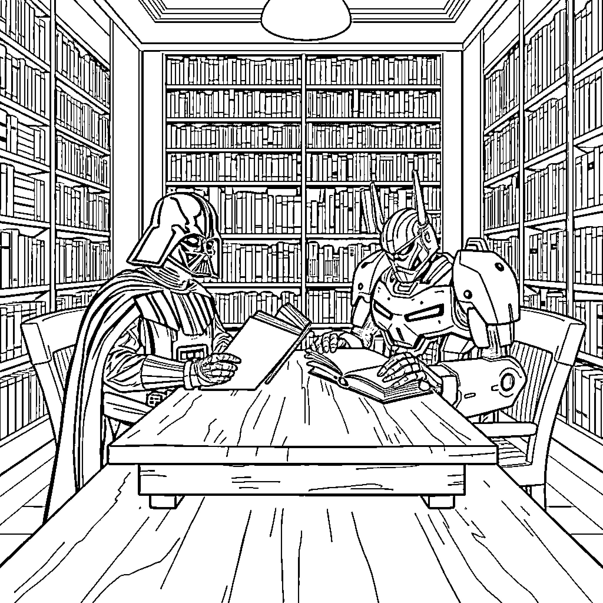 Darth Vader and Robot Companion Reading Books in Library Coloring Page (free black-and-white line drawing printable PDF for all, from beginners to advanced learners, including children, teens, adults, and seniors)