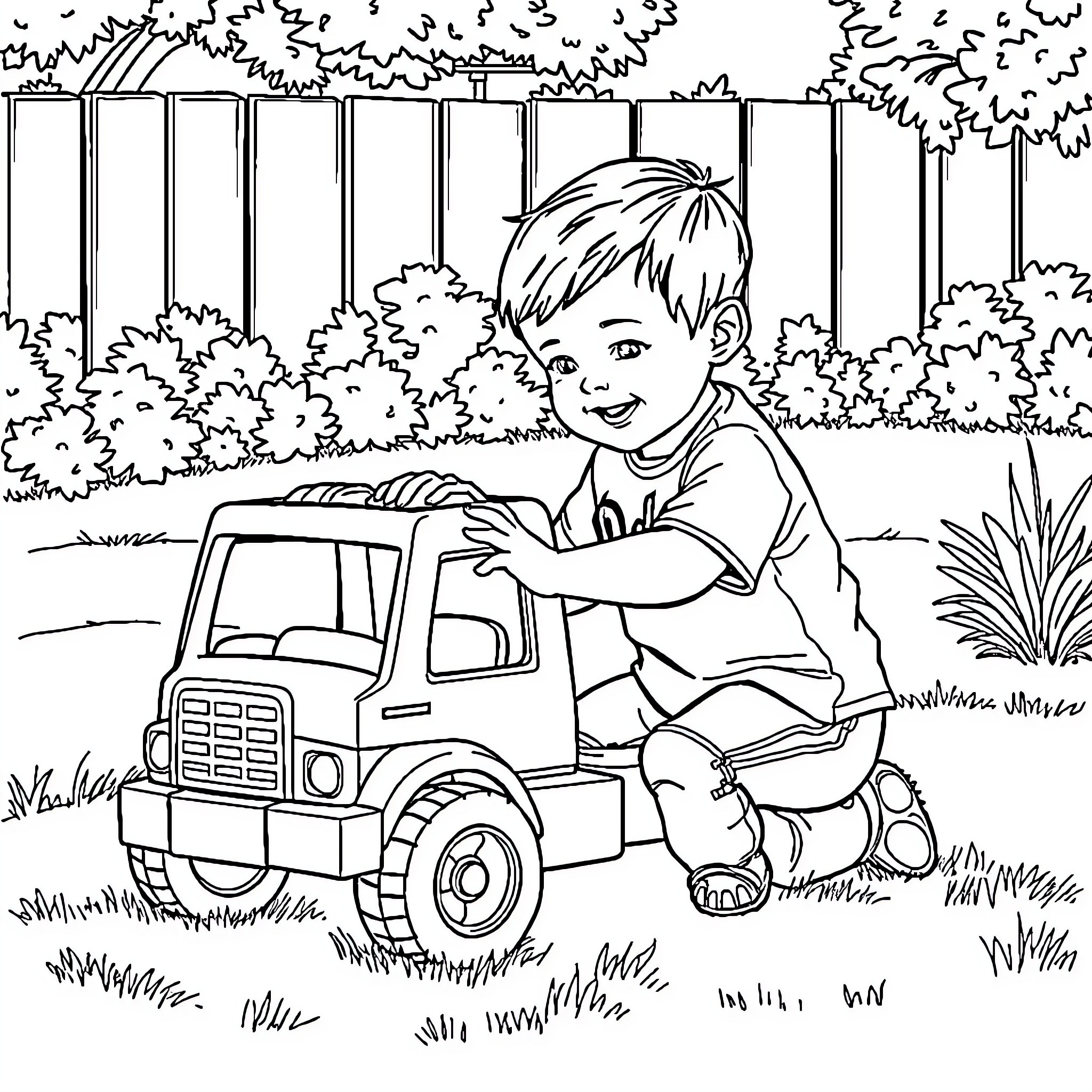 Boy playing with toy truck in the backyard Coloring Page (free black-and-white line drawing printable PDF for all, from beginners to advanced learners, including children, teens, adults, and seniors)