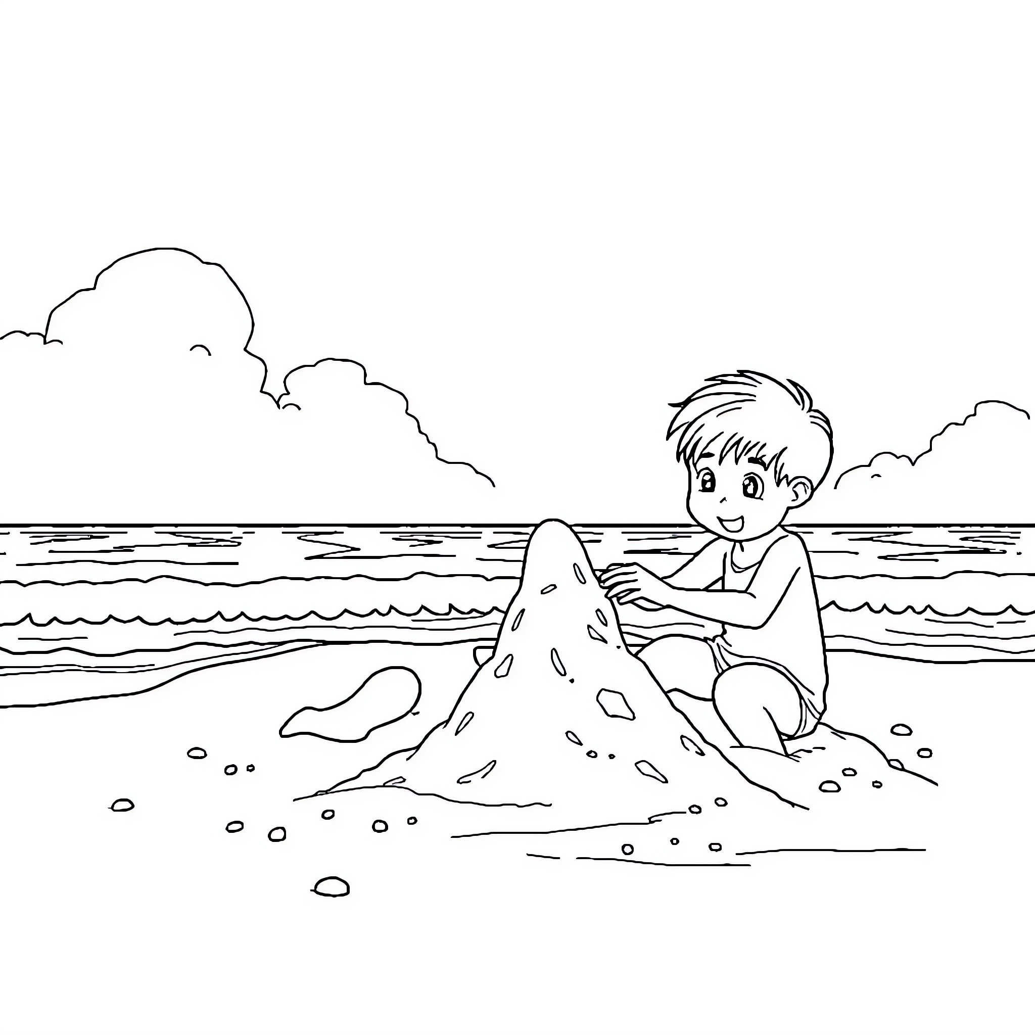 Boy building a sandcastle on the beach Coloring Page (free black-and-white line drawing printable PDF for all, from beginners to advanced learners, including children, teens, adults, and seniors)