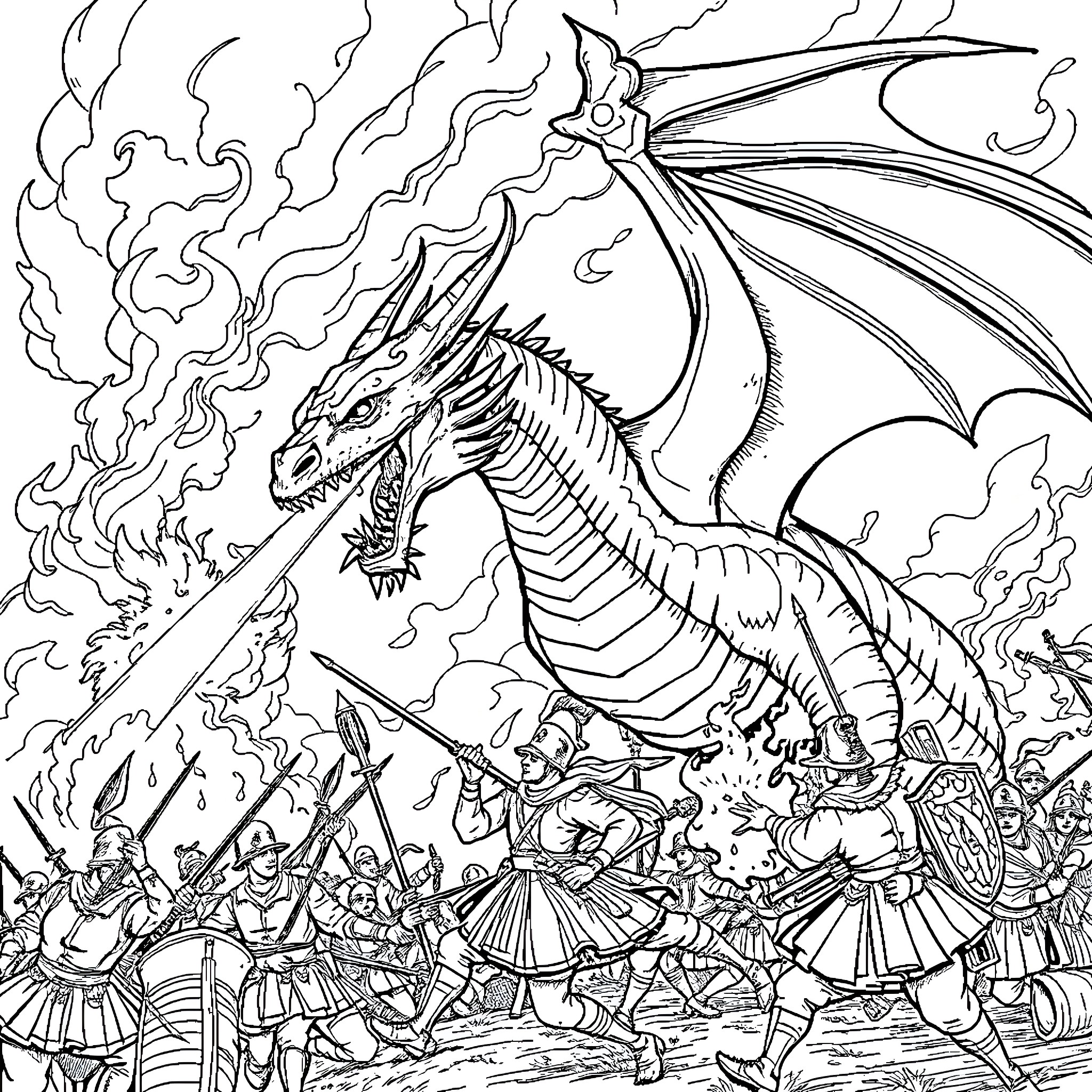 Dragon unleashing fiery wrath upon armored warriors Coloring Page (free black-and-white line drawing printable PDF for all, from beginners to advanced learners, including children, teens, adults, and seniors)