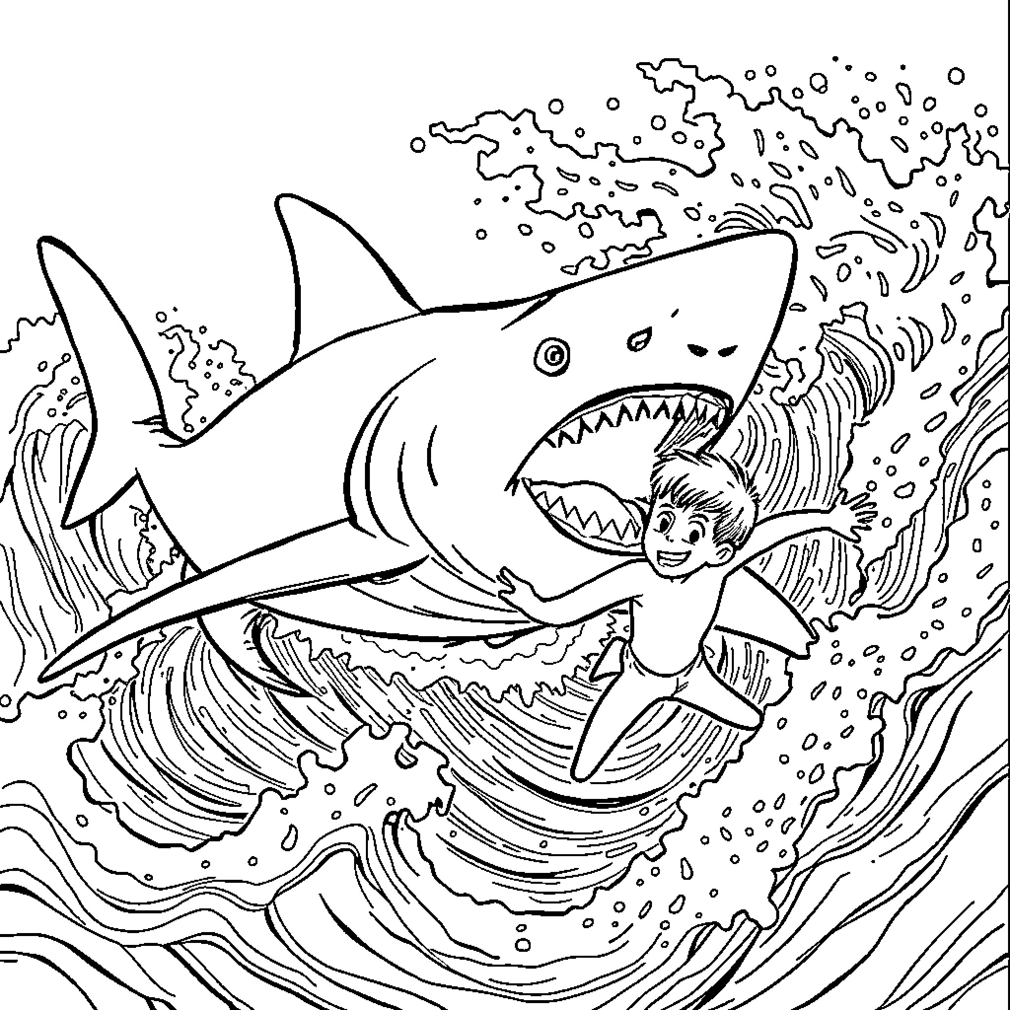 Water Animal Chasing a Boy in the Ocean Coloring Page (free black-and-white line drawing printable PDF for all, from beginners to advanced learners, including children, teens, adults, and seniors)