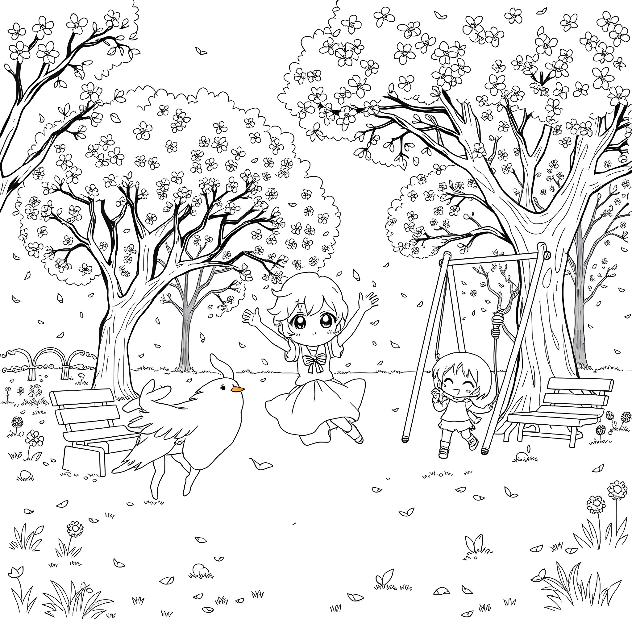 Kuromi playing joyfully with animal friends in a flowery park Coloring Page (free black-and-white line drawing printable PDF for all, from beginners to advanced learners, including children, teens, adults, and seniors)