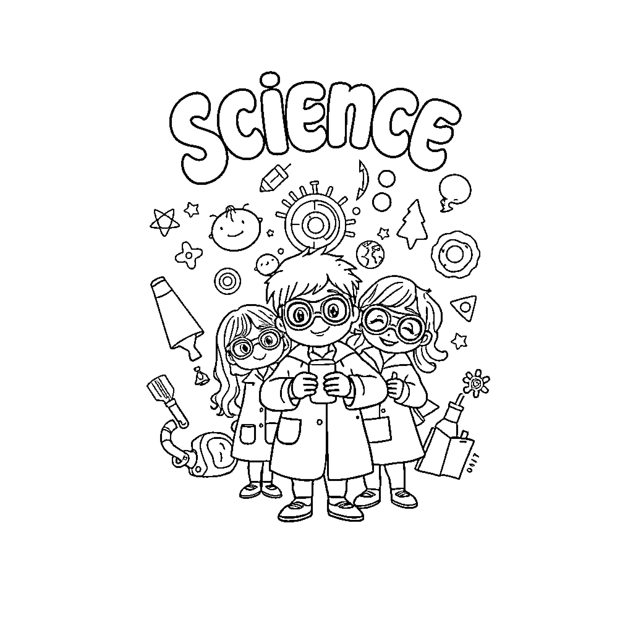 Science Lesson with Curious Students Coloring Page (free black-and-white line drawing printable PDF for all, from beginners to advanced learners, including children, teens, adults, and seniors)