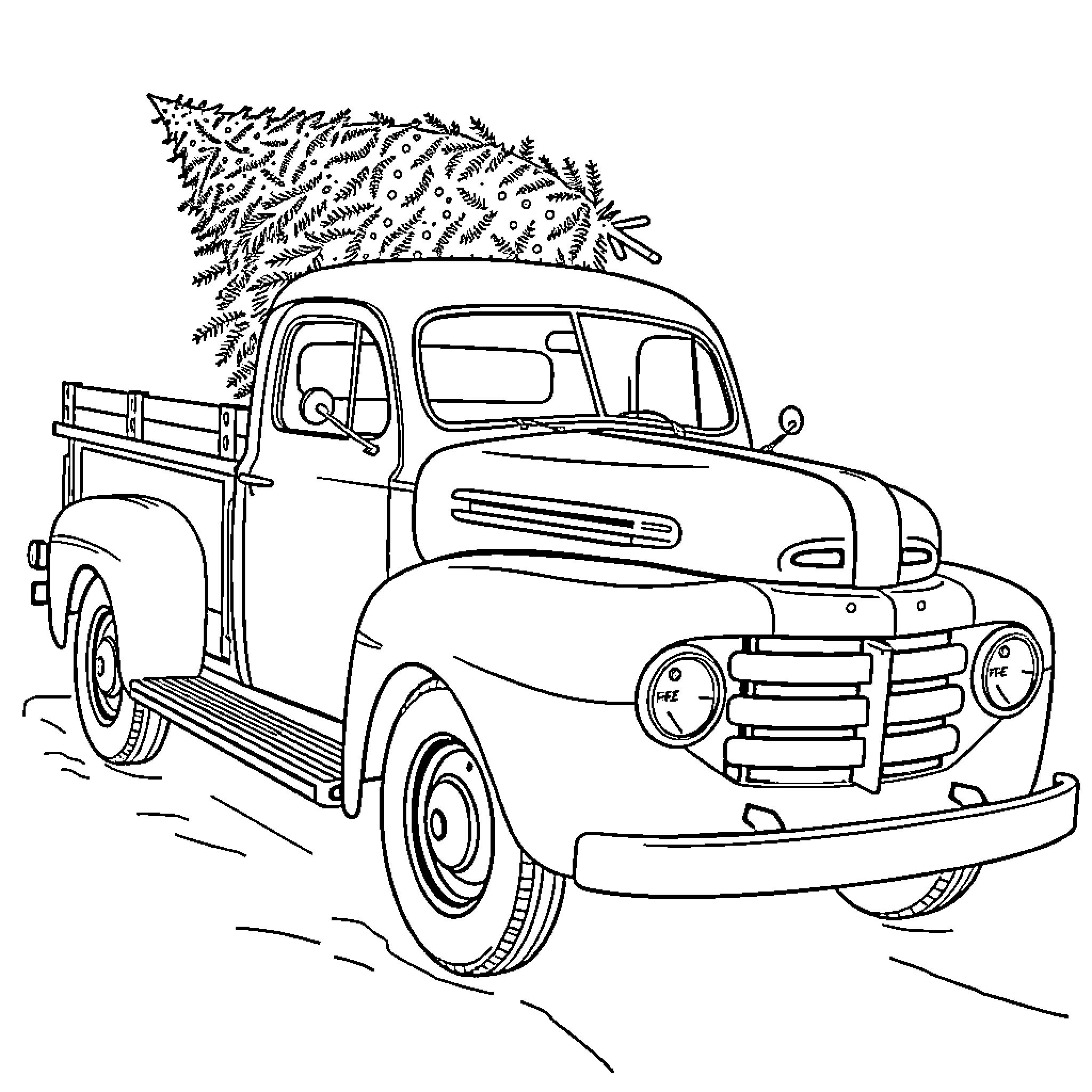 Ford F-1 Truck Carrying Christmas Tree Coloring Page (free black-and-white line drawing printable PDF for all, from beginners to advanced learners, including children, teens, adults, and seniors)