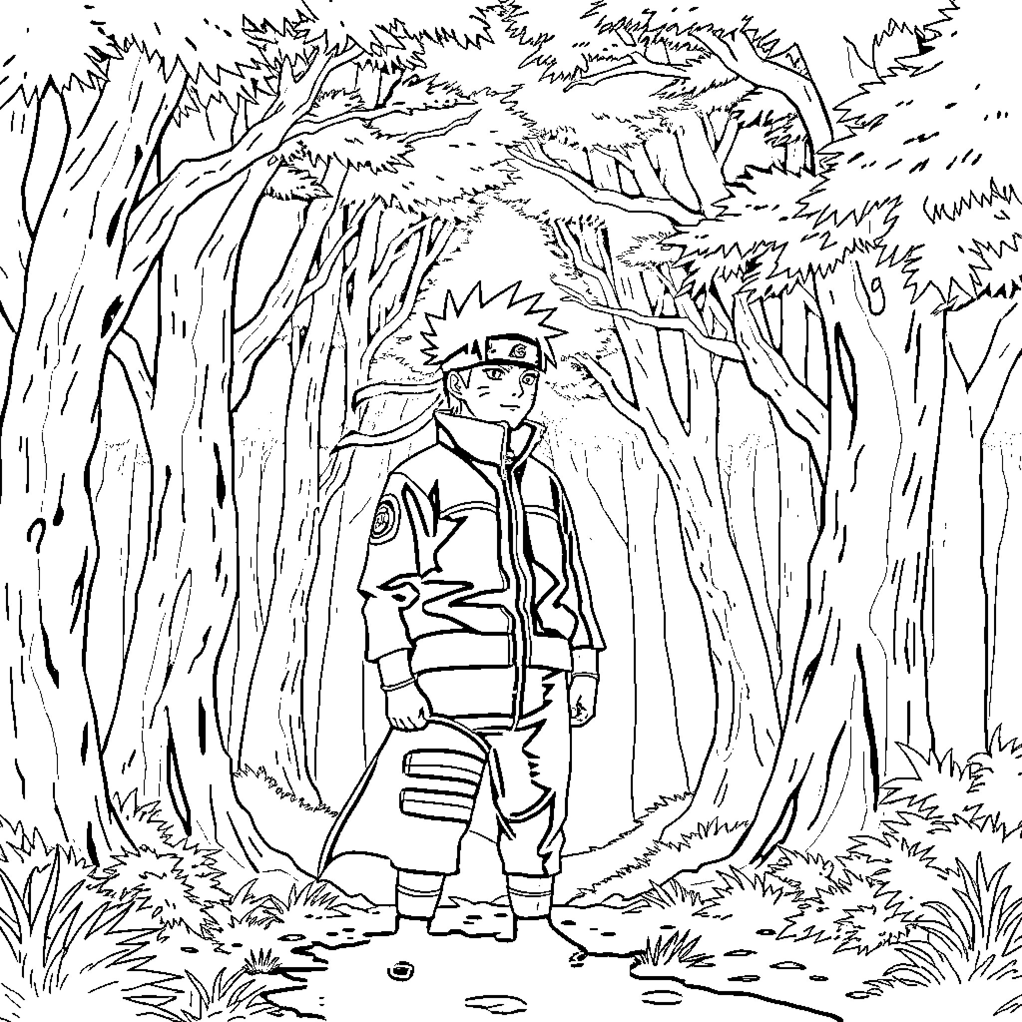 Naruto exploring the mysterious forest Coloring Page (free black-and-white line drawing printable PDF for all, from beginners to advanced learners, including children, teens, adults, and seniors)