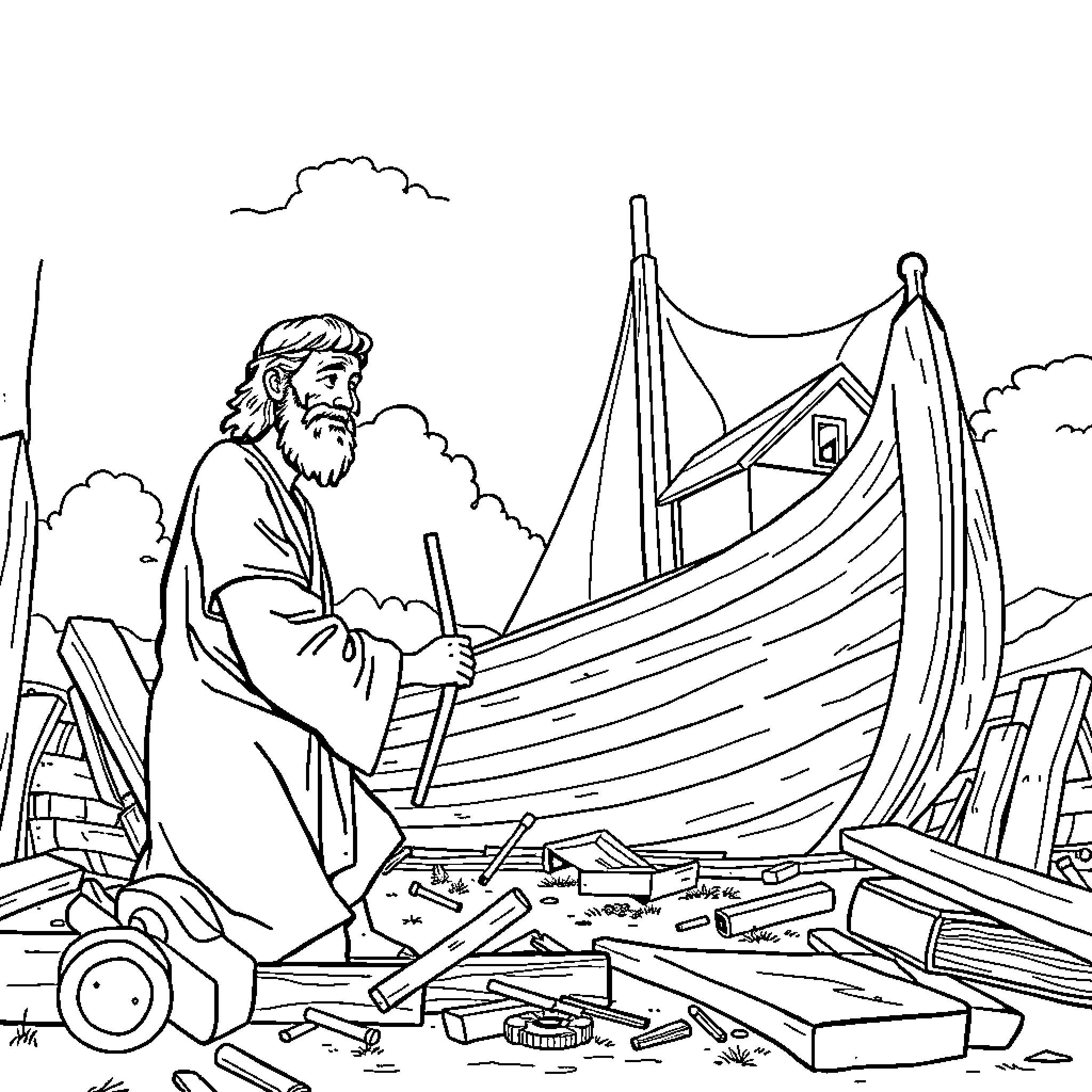Noah building the Ark amid debris and destruction Coloring Page (free black-and-white line drawing printable PDF for all, from beginners to advanced learners, including children, teens, adults, and seniors)