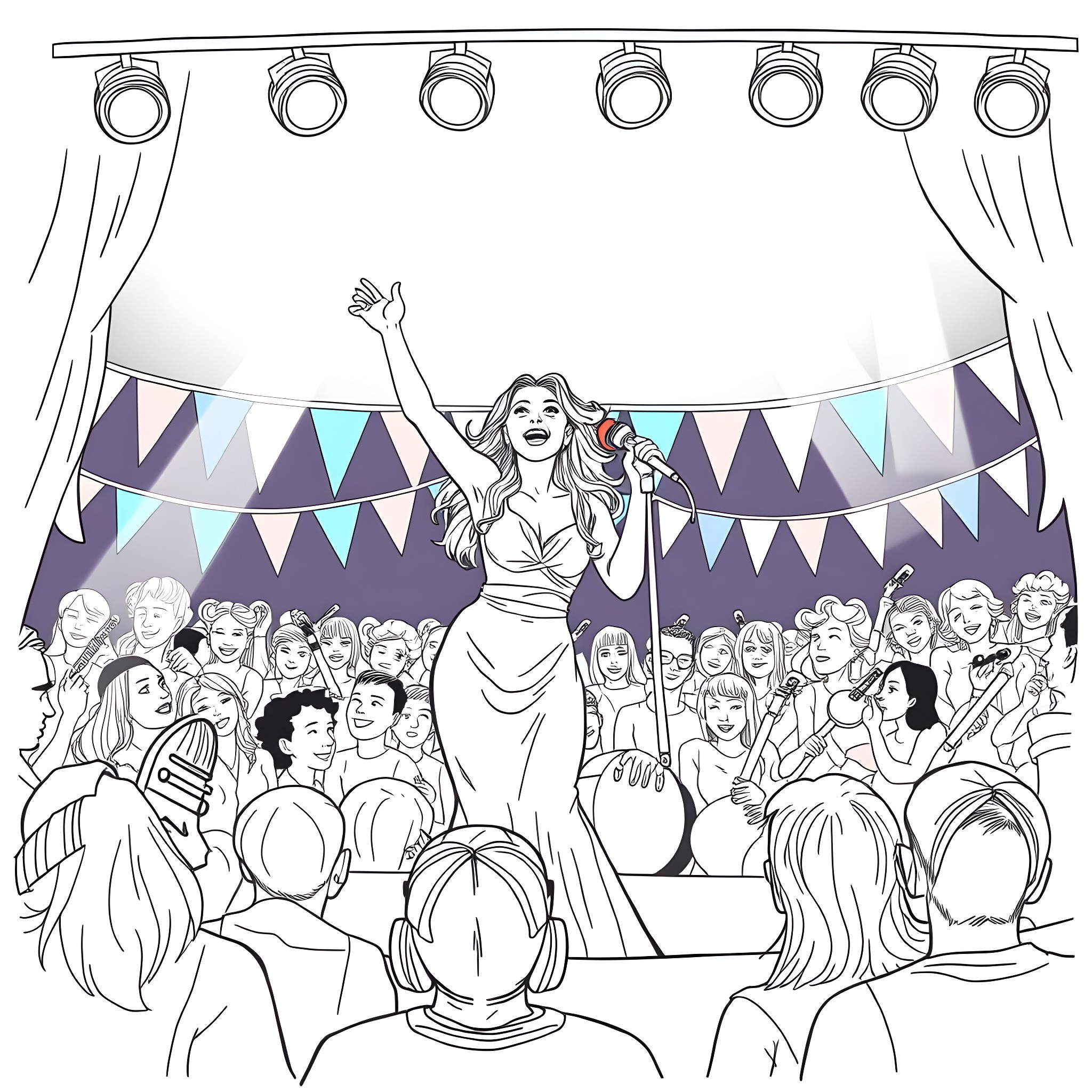 Woman performing on stage before audience Coloring Page (free black-and-white line drawing printable PDF for all, from beginners to advanced learners, including children, teens, adults, and seniors)