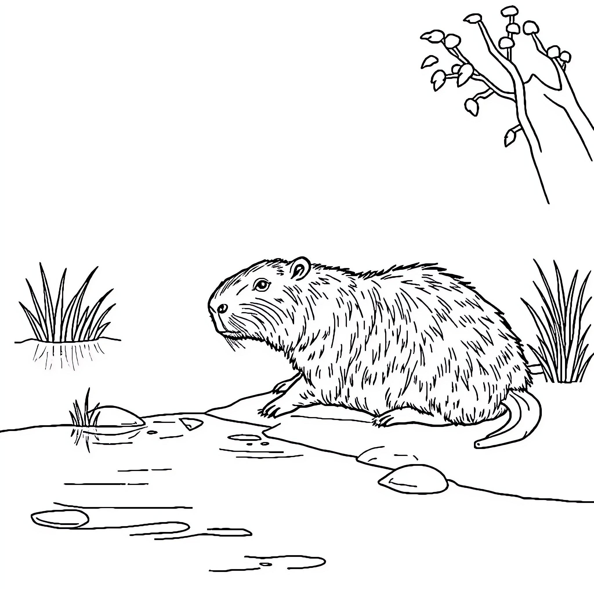 Capiabra's Watery Reflection Coloring Page (free black-and-white line drawing printable PDF for all, from beginners to advanced learners, including children, teens, adults, and seniors)