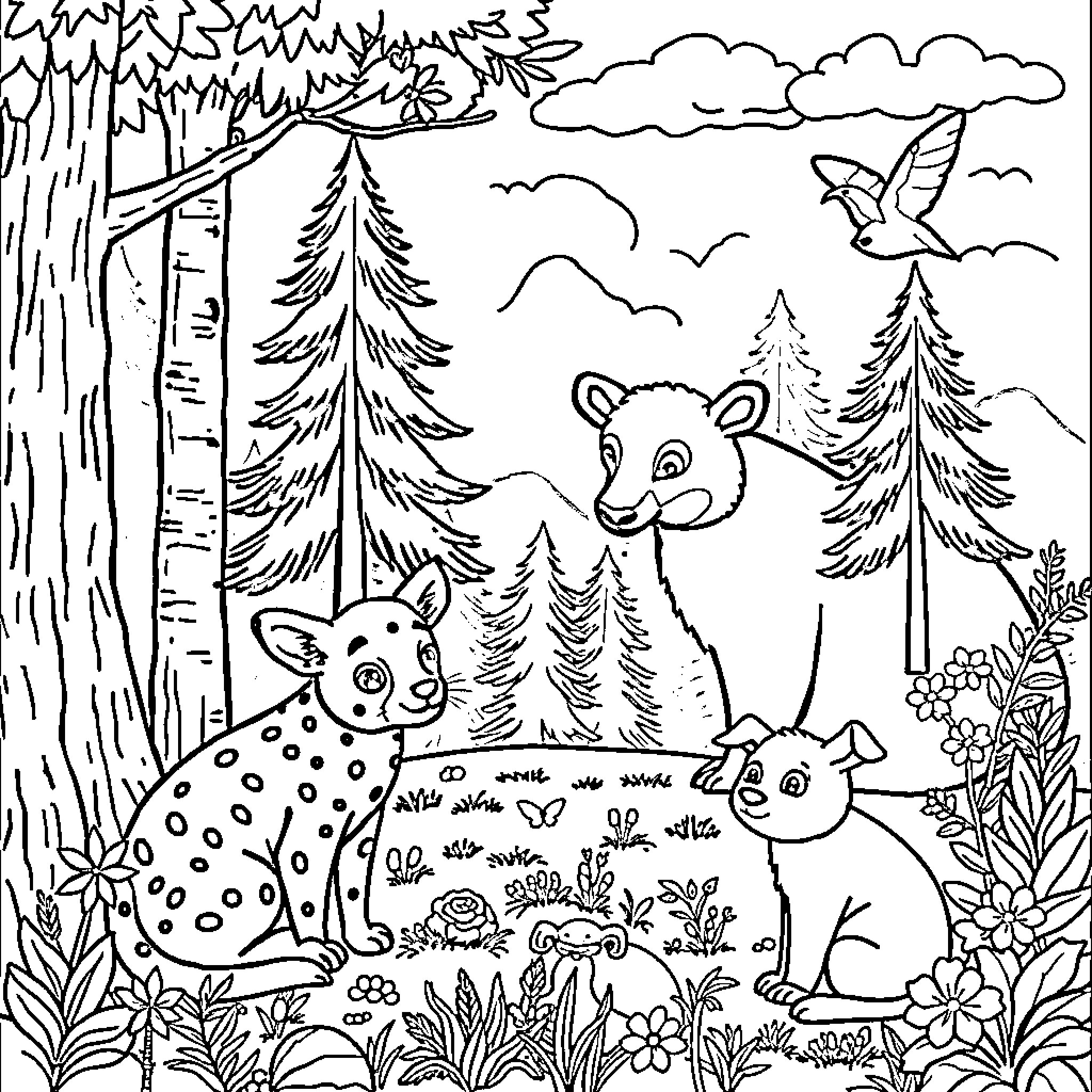 Animal friends exploring the forest landscape Coloring Page (free black-and-white line drawing printable PDF for all, from beginners to advanced learners, including children, teens, adults, and seniors)