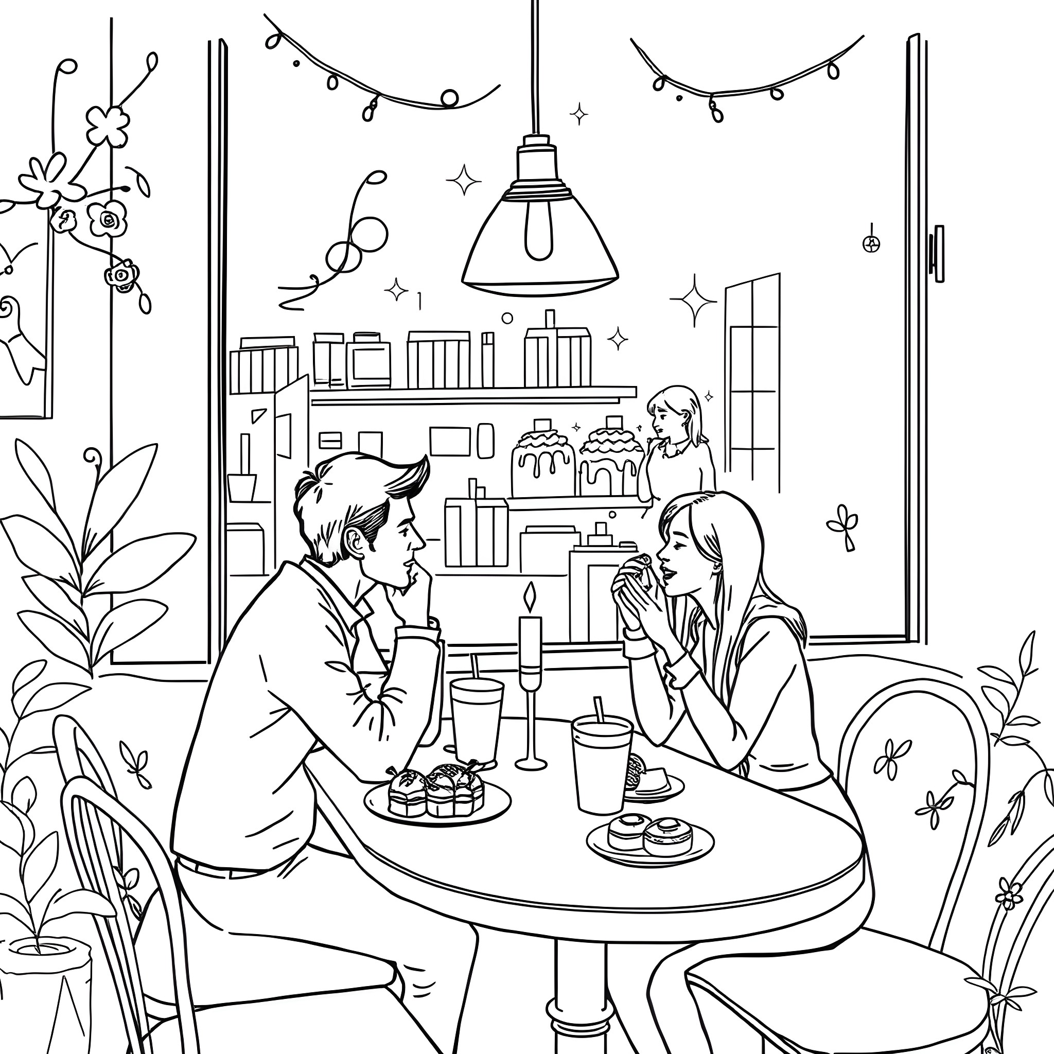 Romance at the cozy cafe Coloring Page (free black-and-white line drawing printable PDF for all, from beginners to advanced learners, including children, teens, adults, and seniors)