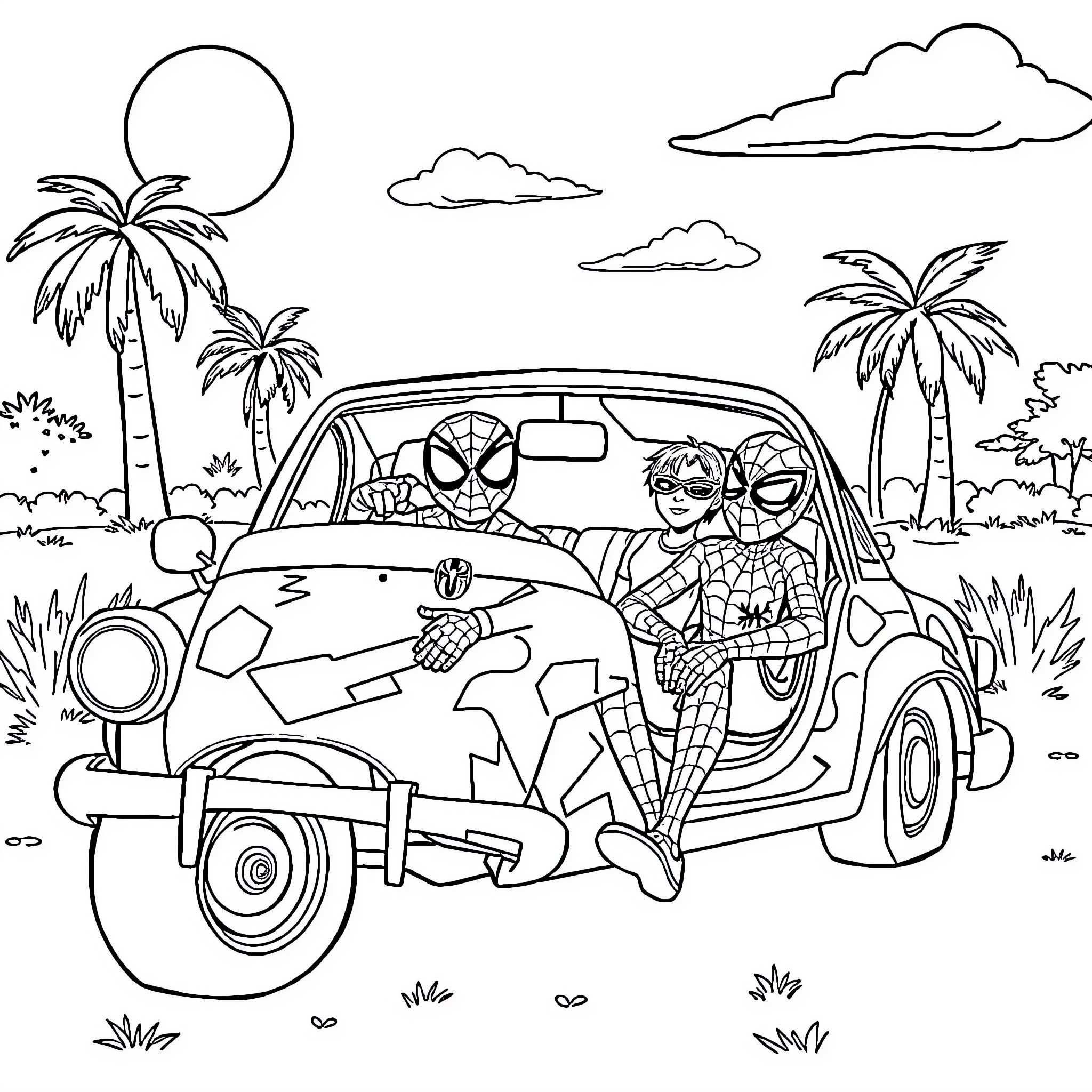 Spider-themed characters exploring tropical scene in car Coloring Page (free black-and-white line drawing printable PDF for all, from beginners to advanced learners, including children, teens, adults, and seniors)