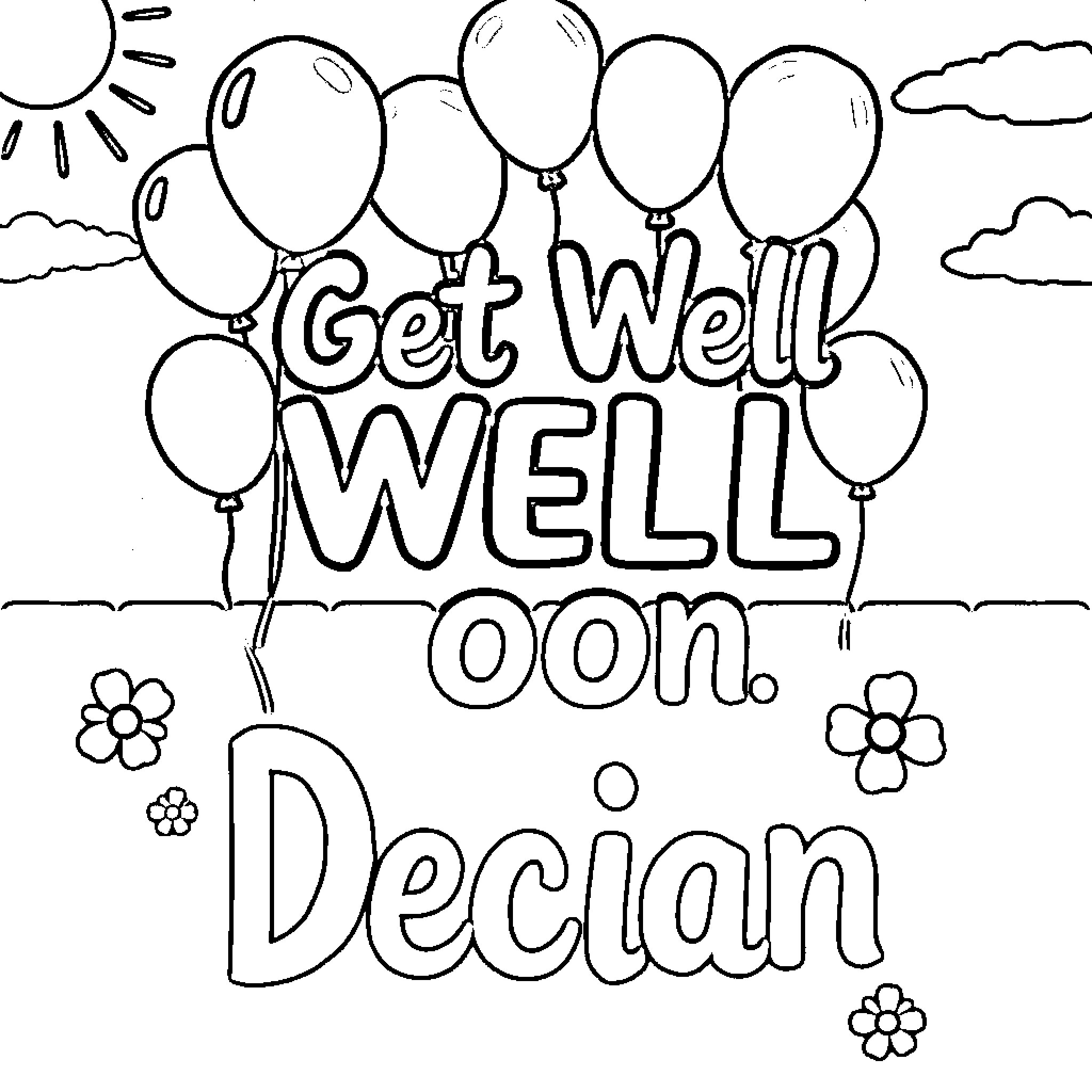 Get Well Soon Balloons and Flowers for Decian Coloring Page (free black-and-white line drawing printable PDF for all, from beginners to advanced learners, including children, teens, adults, and seniors)