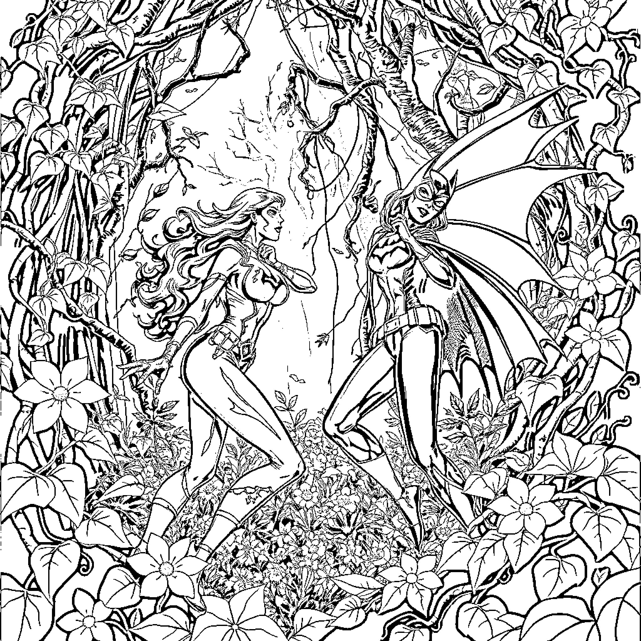 Poison Ivy fairytale characters in enchanted forest Coloring Page (free black-and-white line drawing printable PDF for all, from beginners to advanced learners, including children, teens, adults, and seniors)