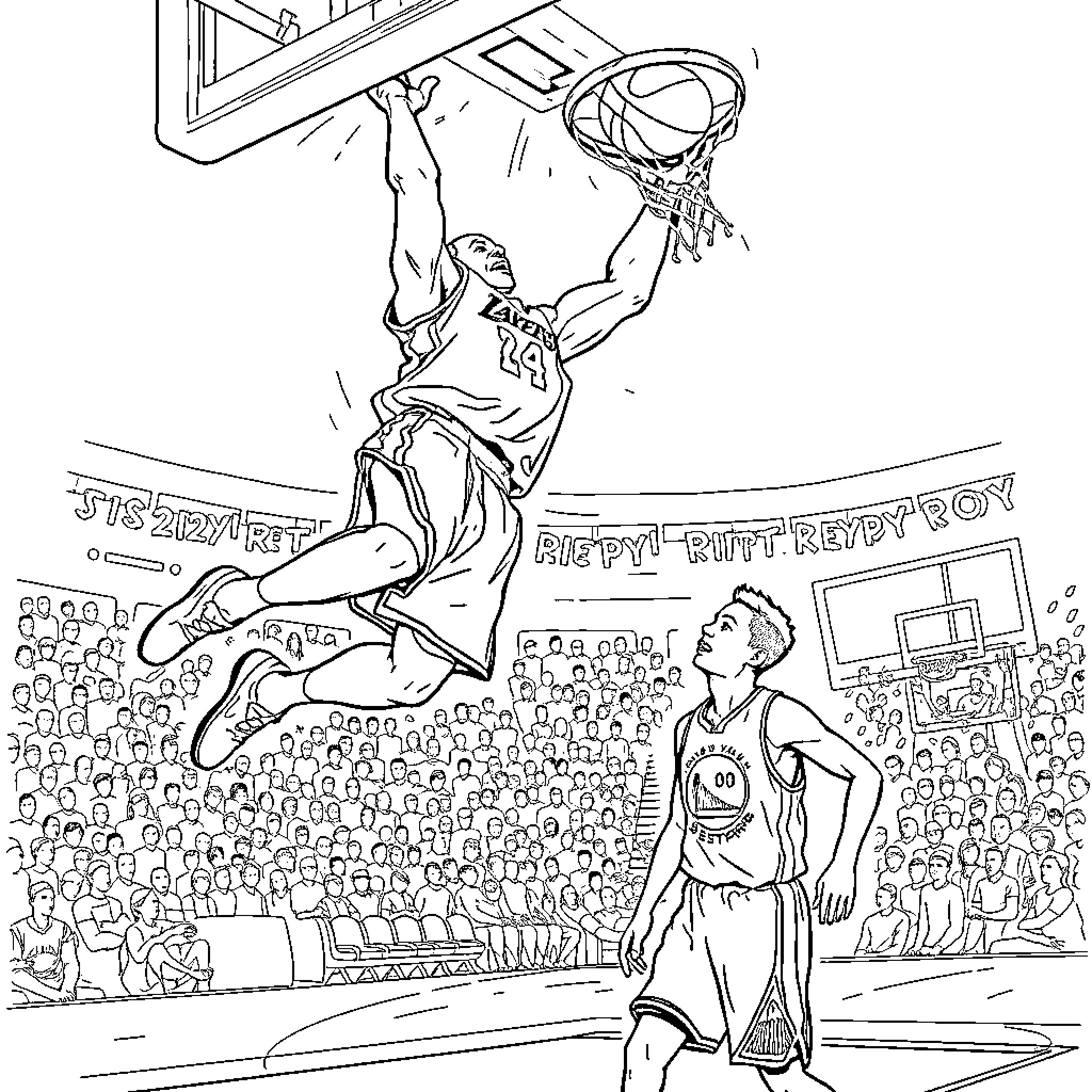 Kobe Bryant's electrifying slam dunk performance Coloring Page (free black-and-white line drawing printable PDF for all, from beginners to advanced learners, including children, teens, adults, and seniors)