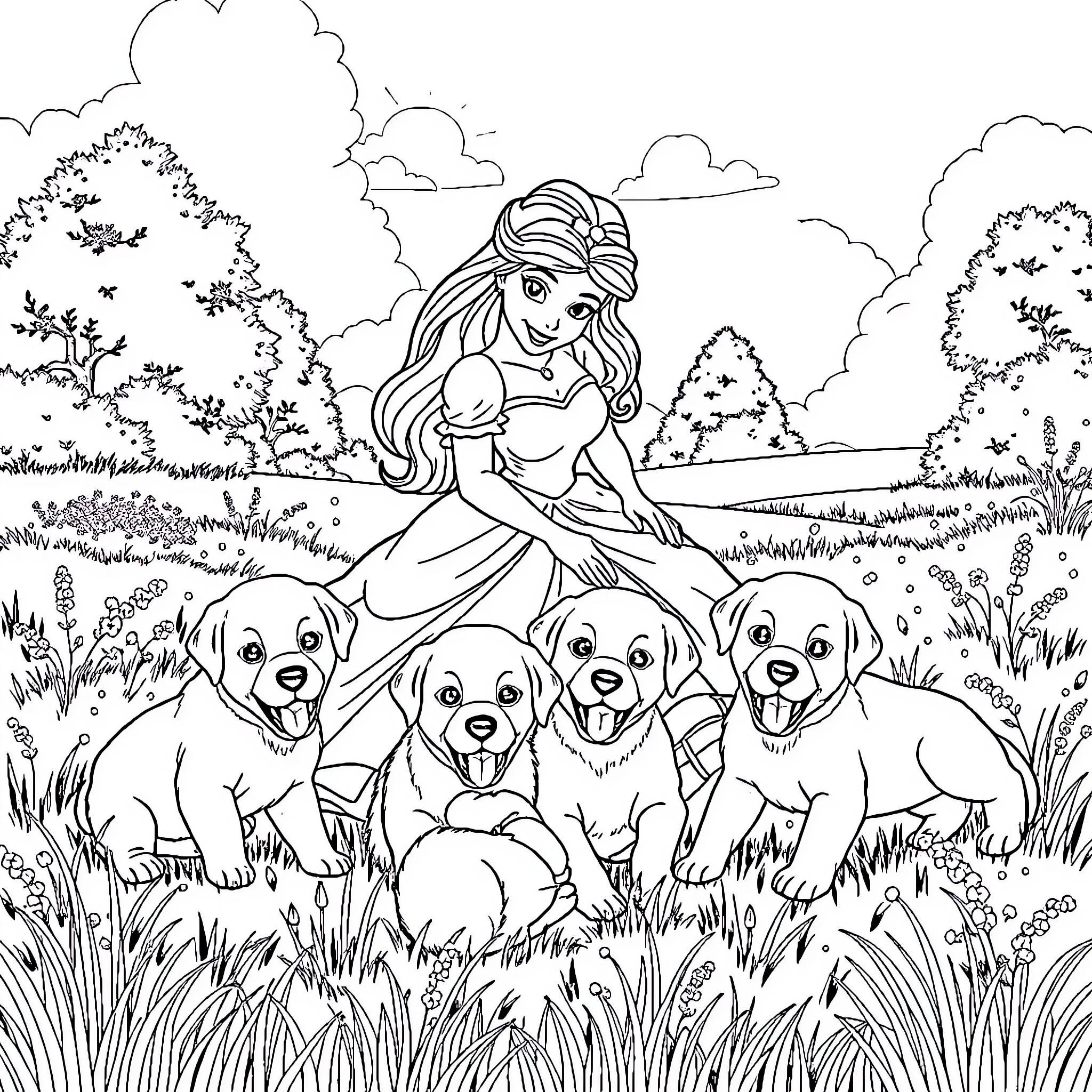 Princess Surrounded by Joyful Puppies in Enchanted Meadow Coloring Page (free black-and-white line drawing printable PDF for all, from beginners to advanced learners, including children, teens, adults, and seniors)