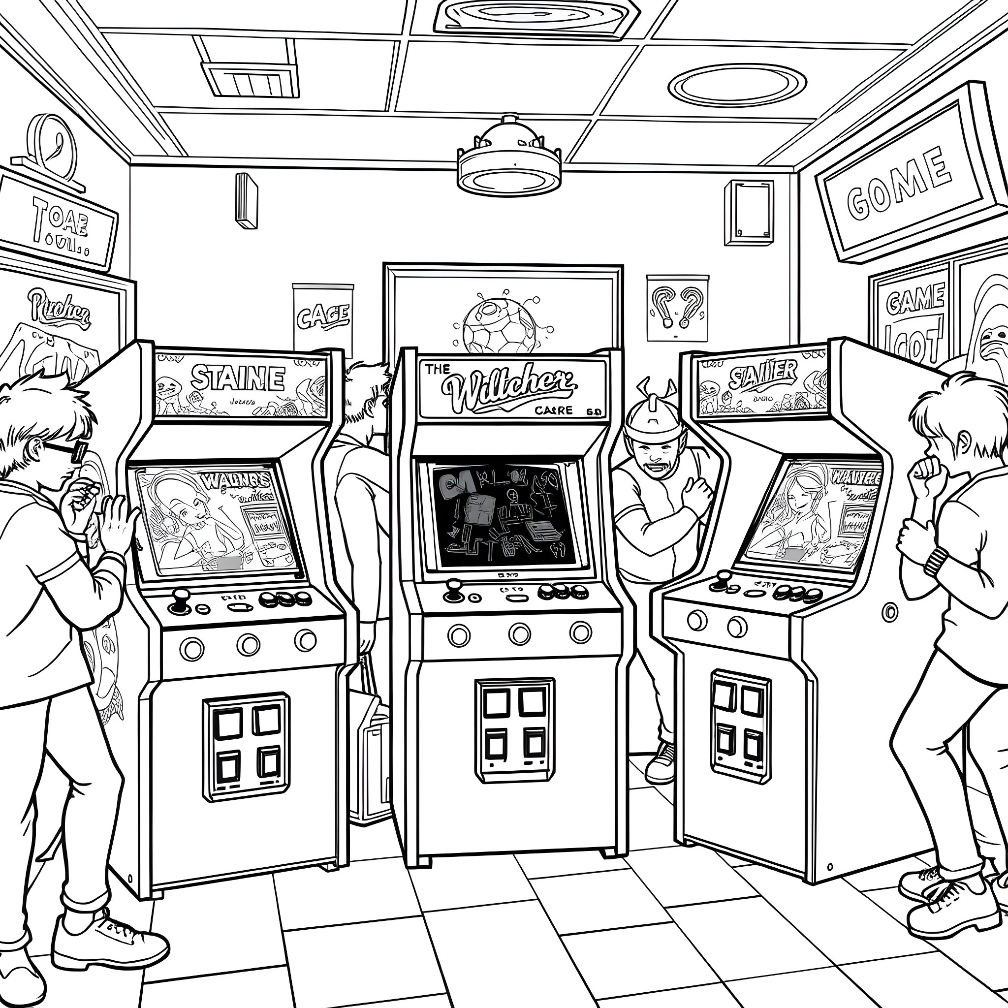 Arcade Machine Players Engaged in Gaming Fun Coloring Page (free black-and-white line drawing printable PDF for all, from beginners to advanced learners, including children, teens, adults, and seniors)