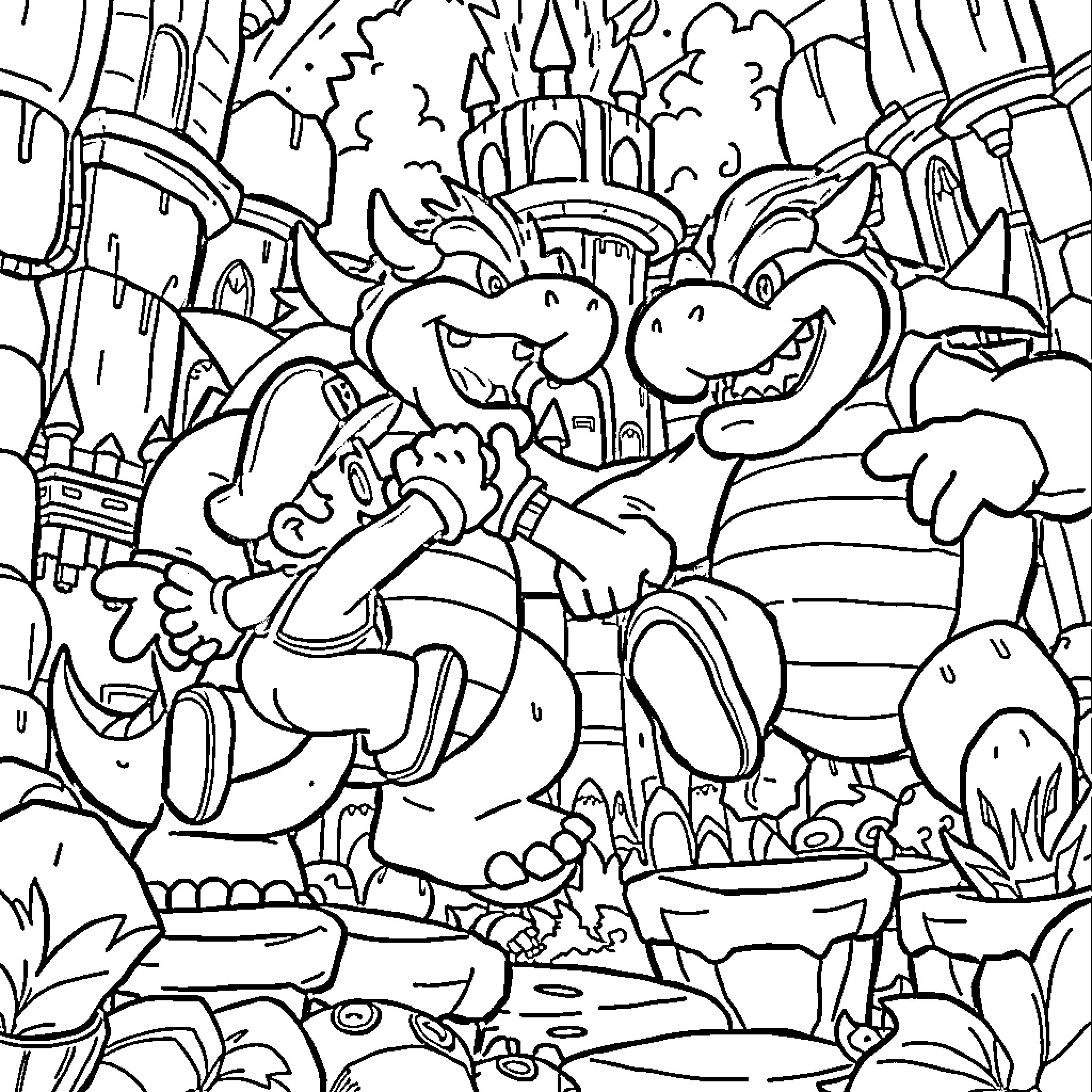 Mario and Luigi Exploring the Fantastical Landscape Coloring Page (free black-and-white line drawing printable PDF for all, from beginners to advanced learners, including children, teens, adults, and seniors)