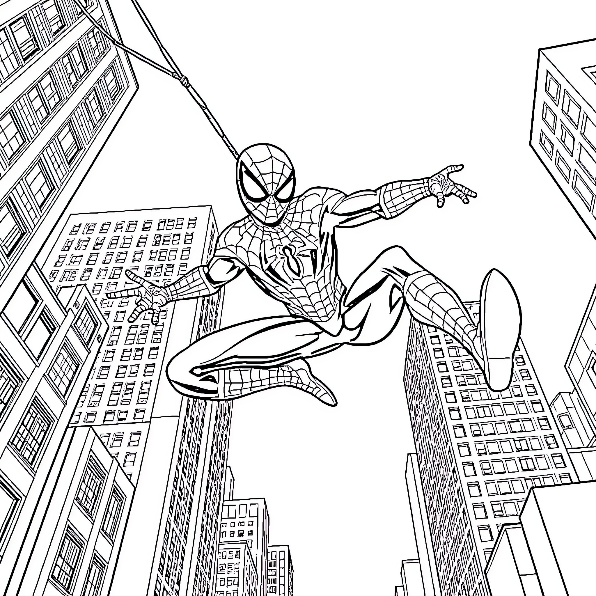 Spiderman swinging through the city skyline Coloring Page (free black-and-white line drawing printable PDF for all, from beginners to advanced learners, including children, teens, adults, and seniors)