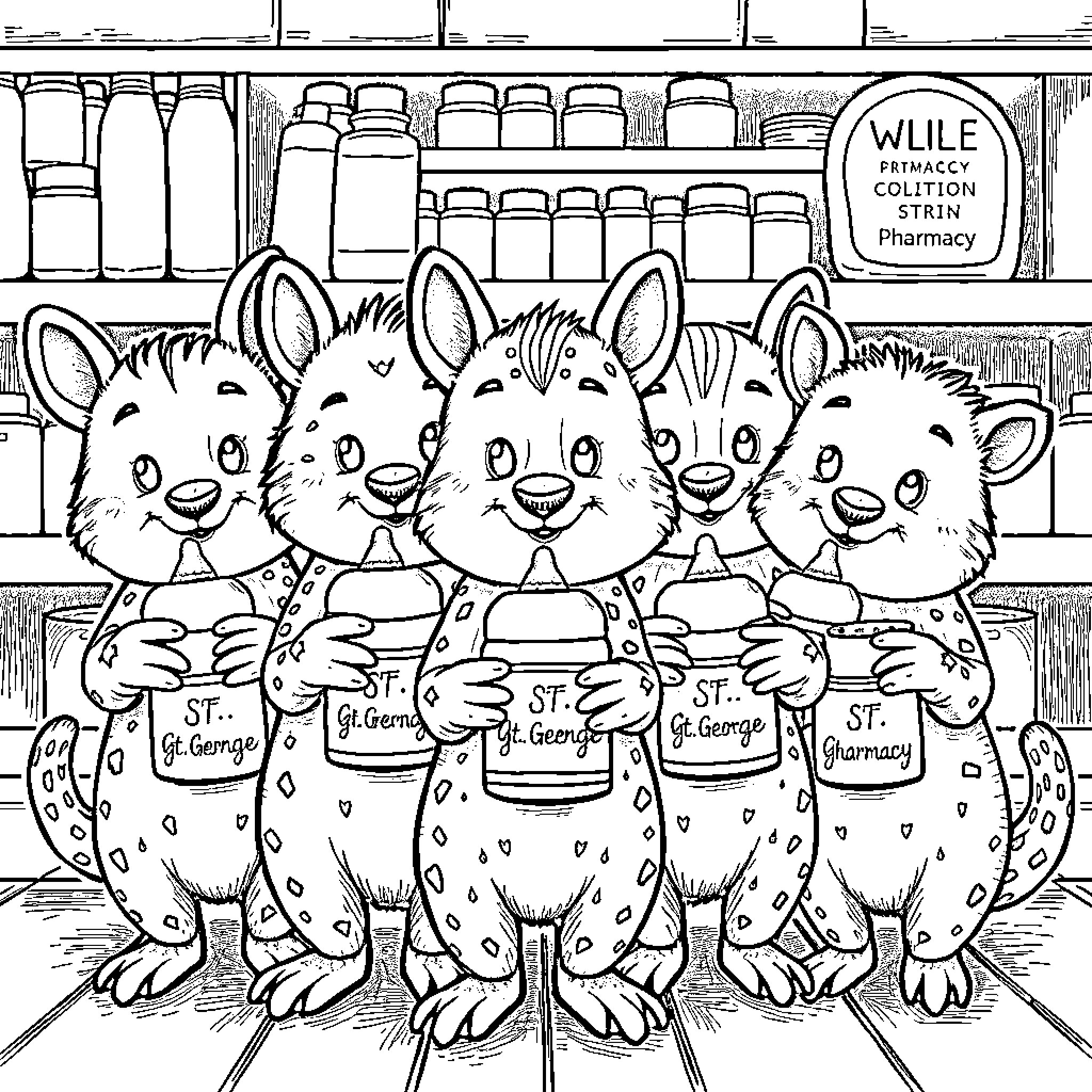 Animal friends working at a Pharmacy Colition Store Coloring Page (free black-and-white line drawing printable PDF for all, from beginners to advanced learners, including children, teens, adults, and seniors)