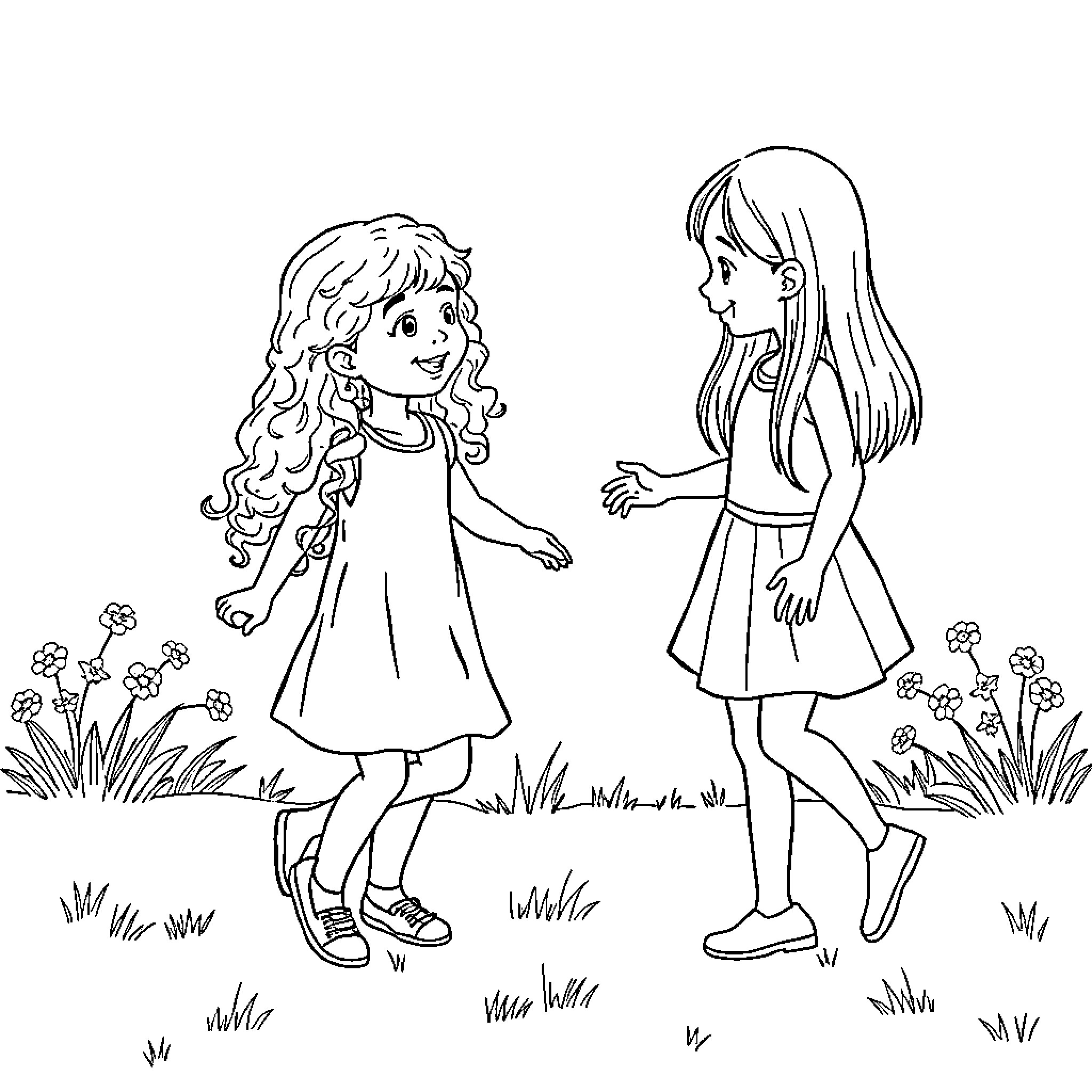 Girls Enjoying Outdoor Playtime Coloring Page (free black-and-white line drawing printable PDF for all, from beginners to advanced learners, including children, teens, adults, and seniors)