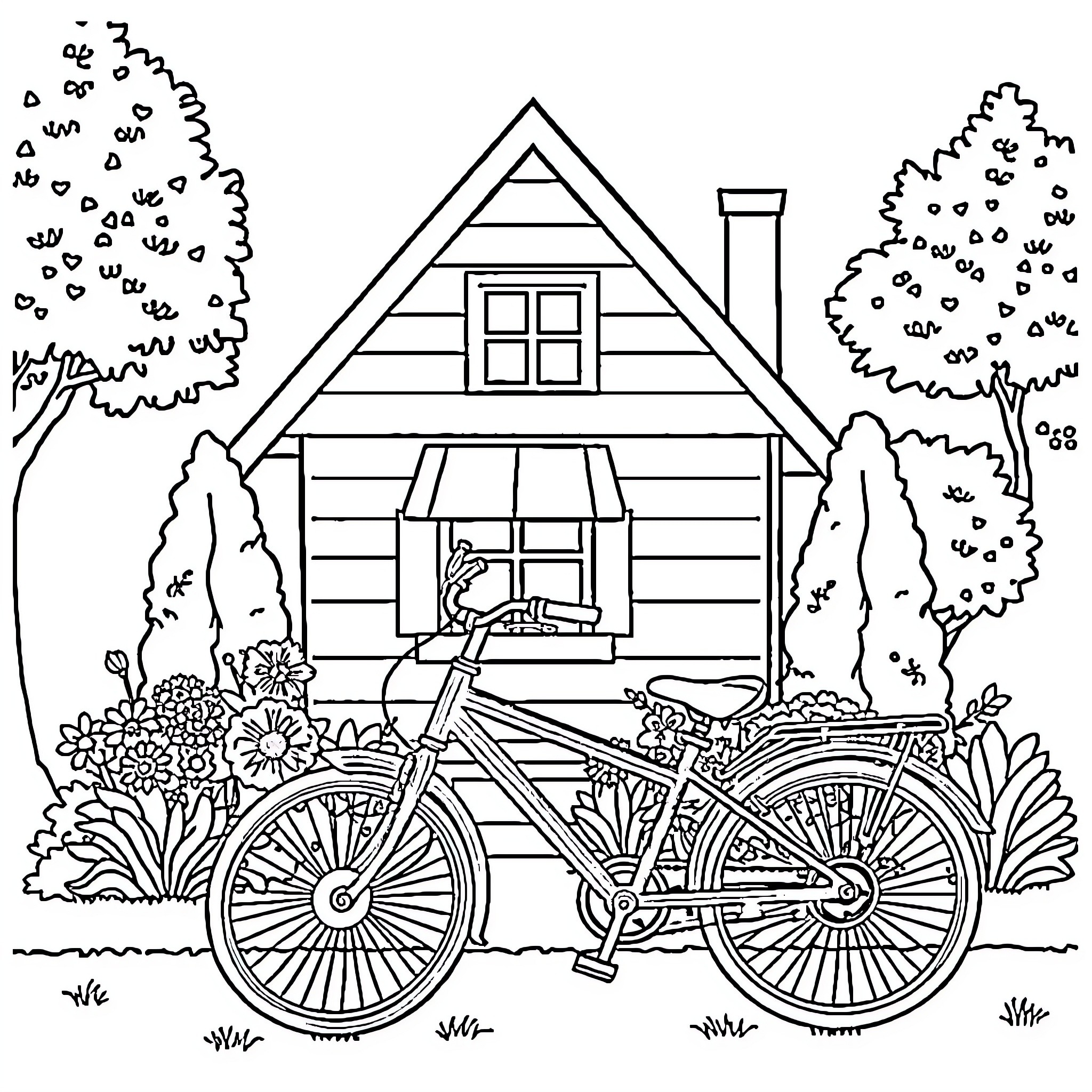 House with Bicycle in Outdoor Garden Scene Coloring Page (free black-and-white line drawing printable PDF for all, from beginners to advanced learners, including children, teens, adults, and seniors)