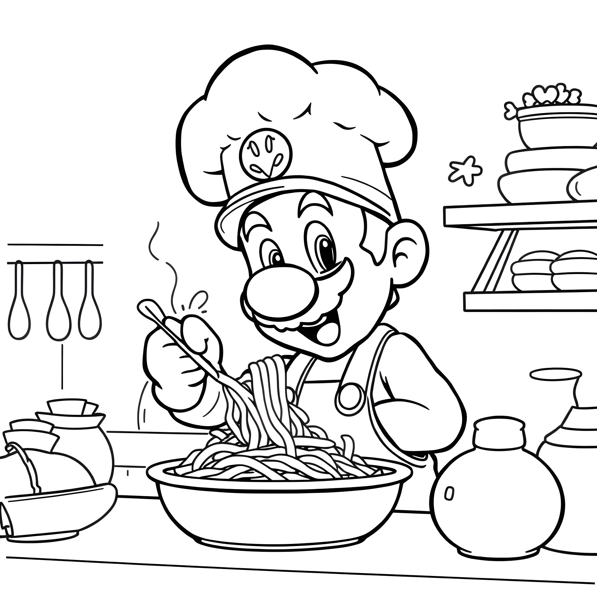 Mario Preparing a Delicious Meal in the Kitchen Coloring Page (free black-and-white line drawing printable PDF for all, from beginners to advanced learners, including children, teens, adults, and seniors)