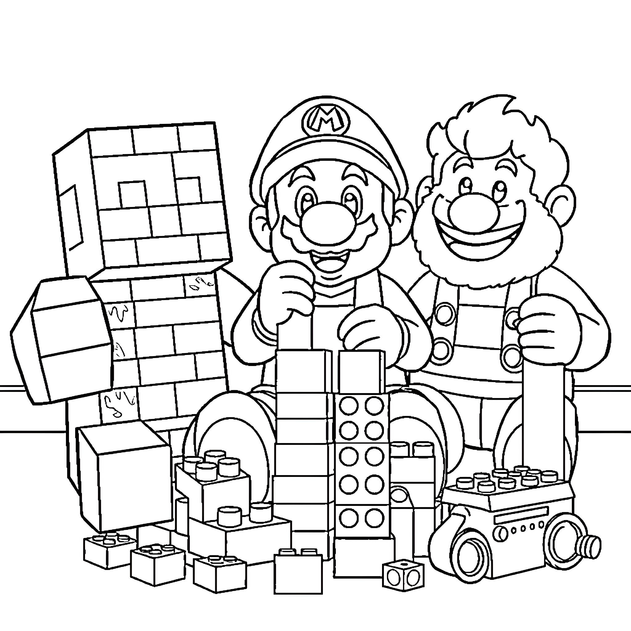 Characters Building Blocks Together Coloring Page (free black-and-white line drawing printable PDF for all, from beginners to advanced learners, including children, teens, adults, and seniors)
