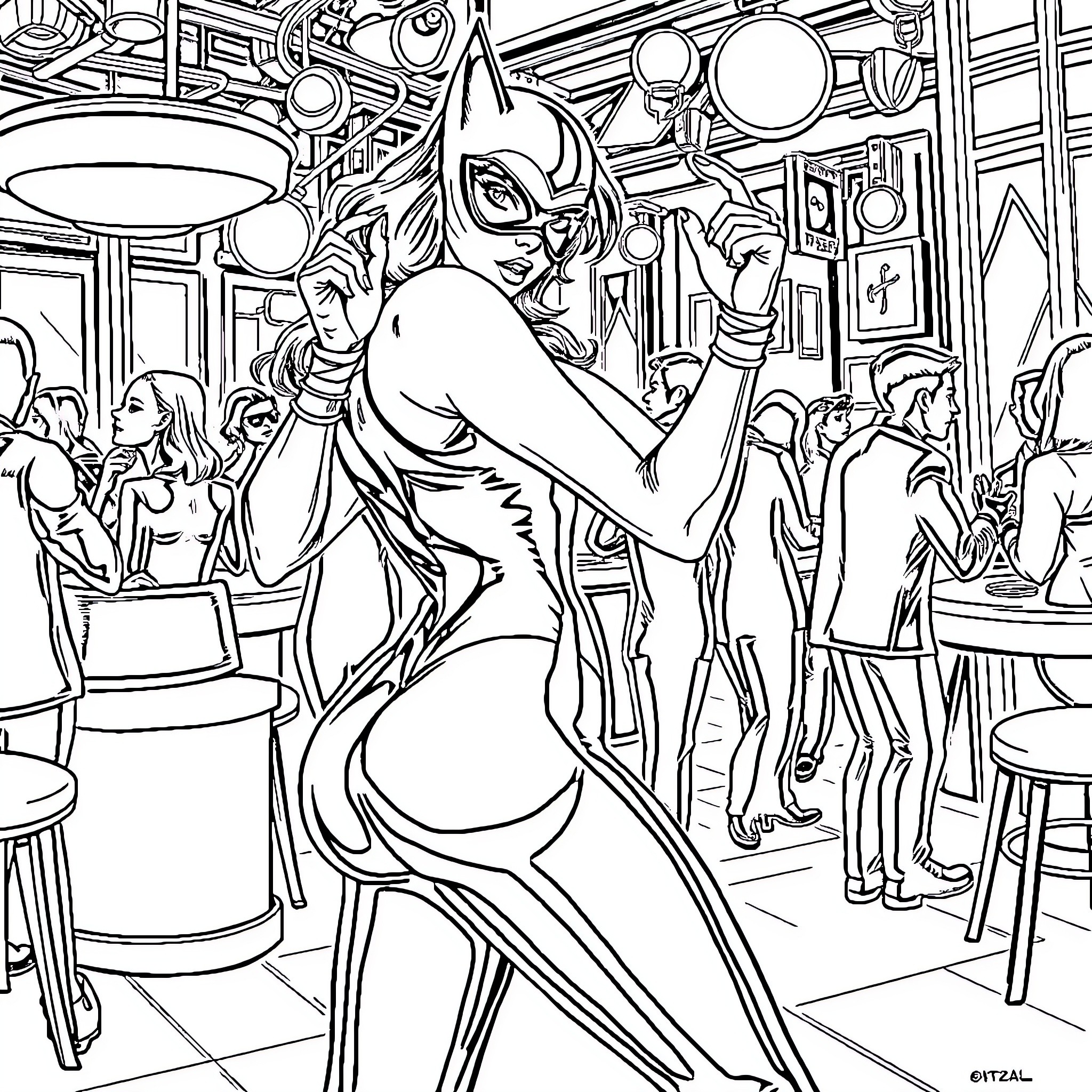 Catwoman Strutting Confidently in a Lively Nightclub Scene Coloring Page (free black-and-white line drawing printable PDF for all, from beginners to advanced learners, including children, teens, adults, and seniors)