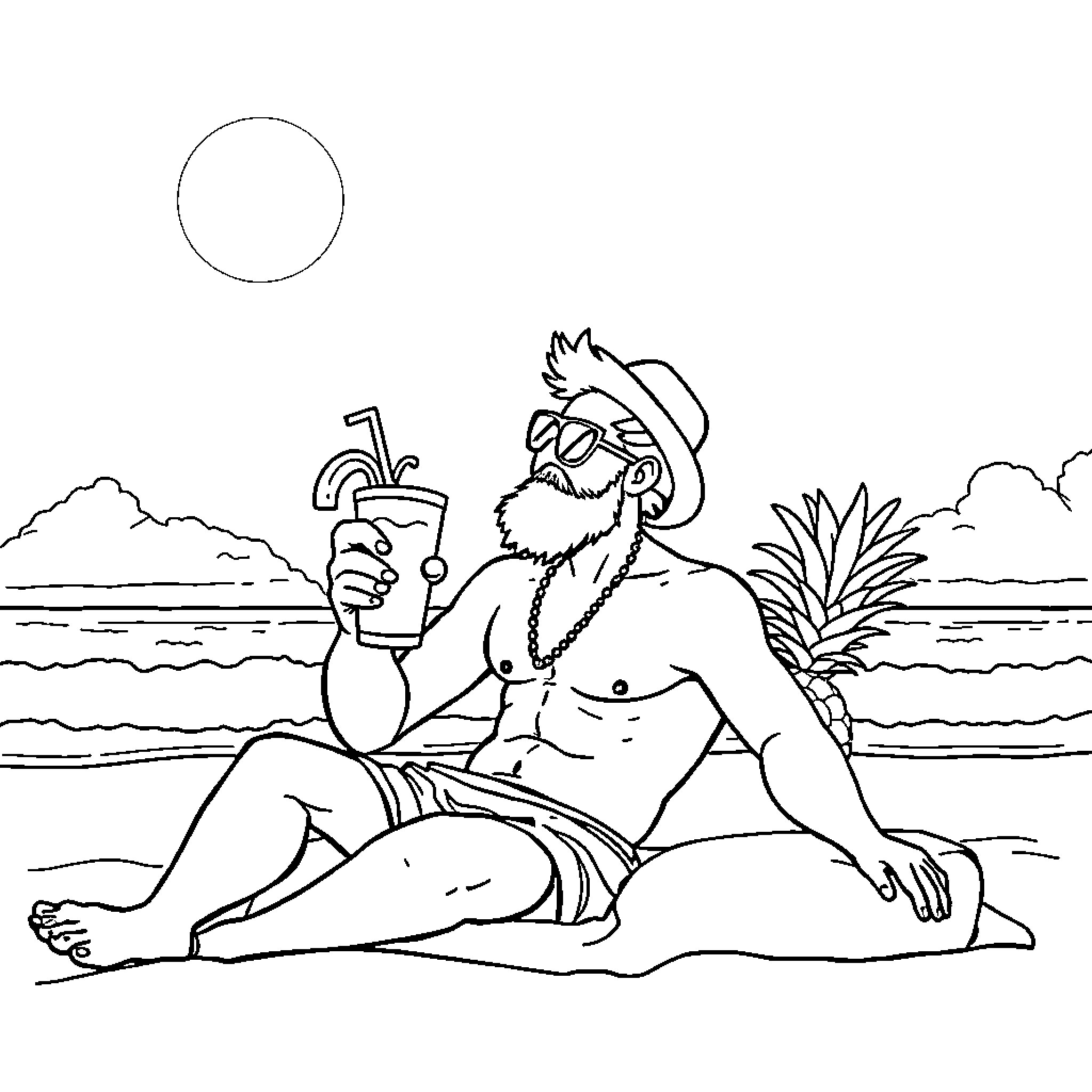 Hombre Araña relaxing on the beach with a tropical drink Coloring Page (free black-and-white line drawing printable PDF for all, from beginners to advanced learners, including children, teens, adults, and seniors)