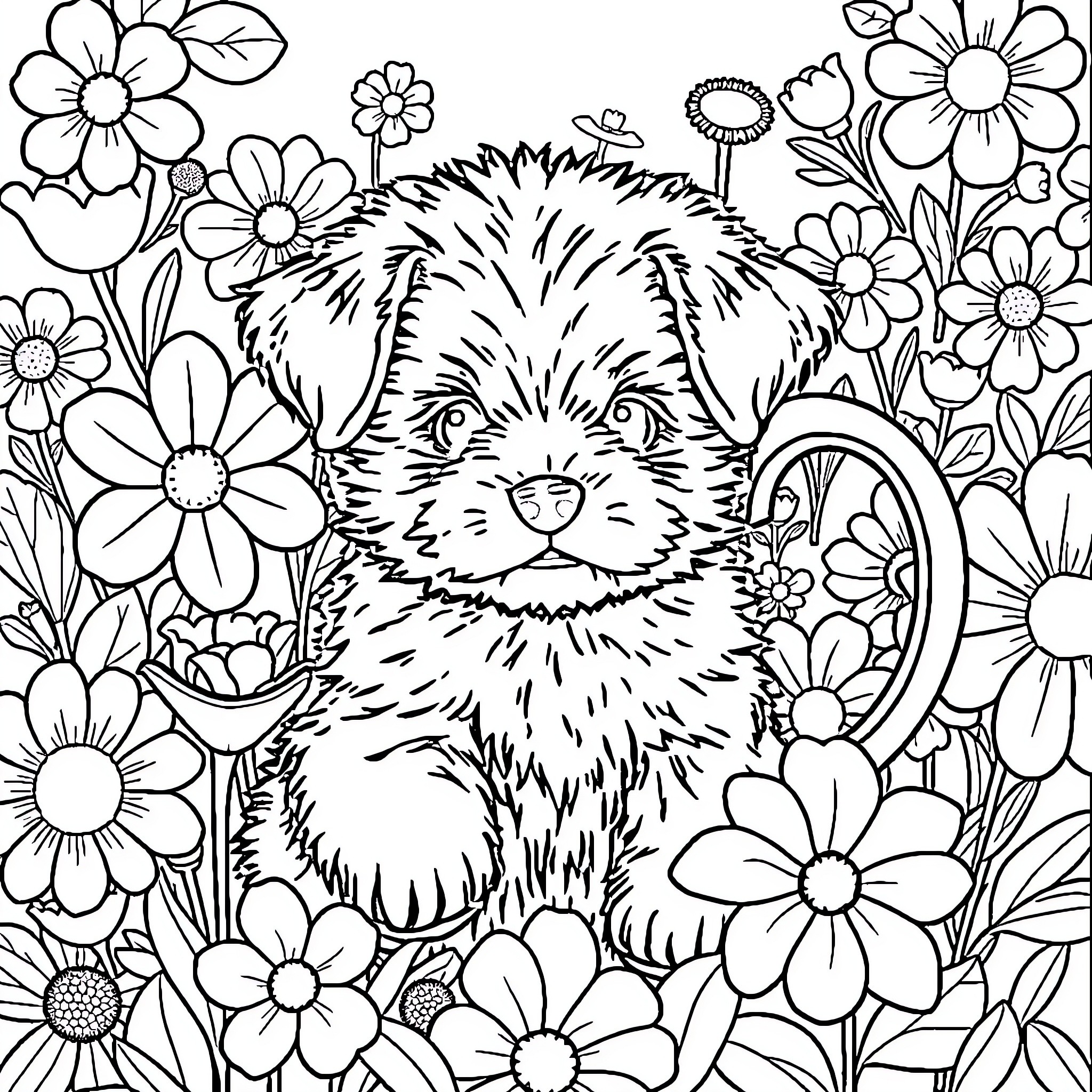 Mug with a playful puppy in a flower garden Coloring Page (free black-and-white line drawing printable PDF for all, from beginners to advanced learners, including children, teens, adults, and seniors)