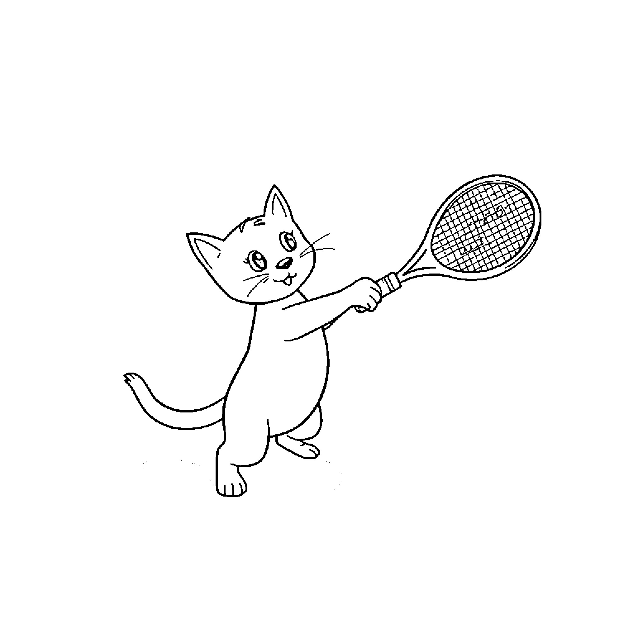 Cat playing with a tennis racket Coloring Page (free black-and-white line drawing printable PDF for all, from beginners to advanced learners, including children, teens, adults, and seniors)