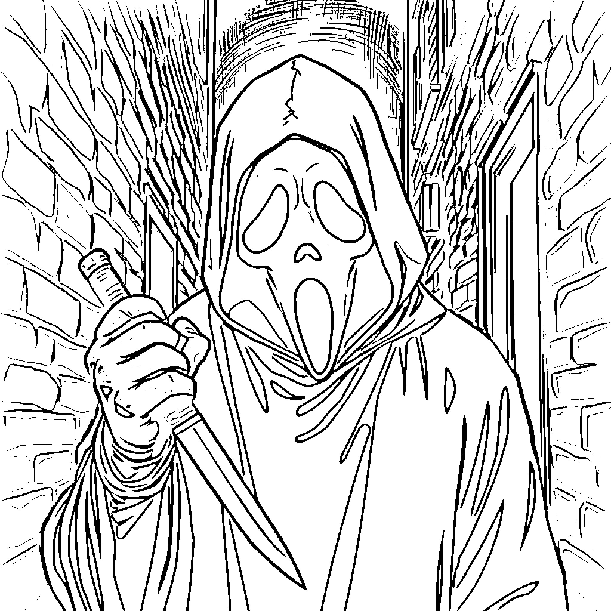 Ghostface holding a knife in a narrow alleyway Coloring Page (free black-and-white line drawing printable PDF for all, from beginners to advanced learners, including children, teens, adults, and seniors)