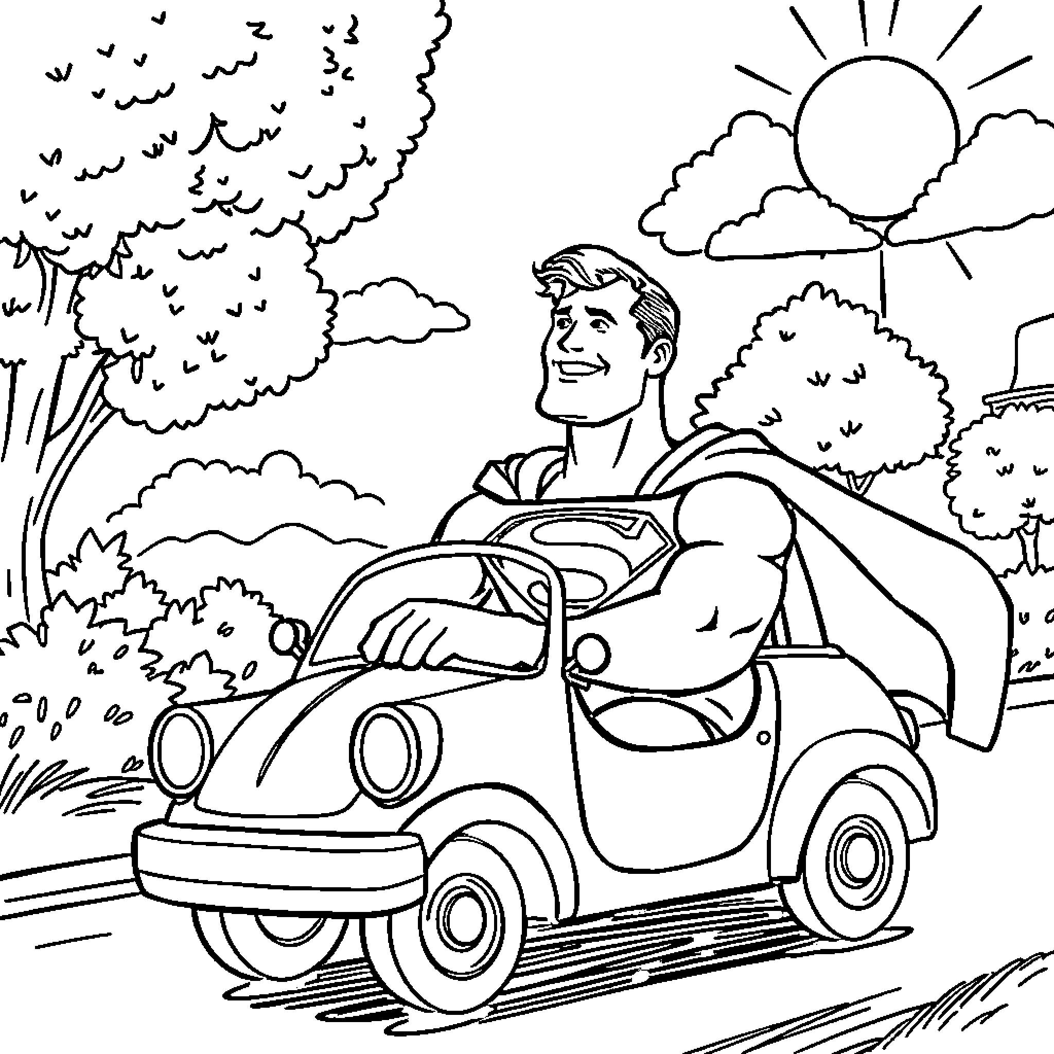 Superman driving a car in a sunny landscape Coloring Page (free black-and-white line drawing printable PDF for all, from beginners to advanced learners, including children, teens, adults, and seniors)