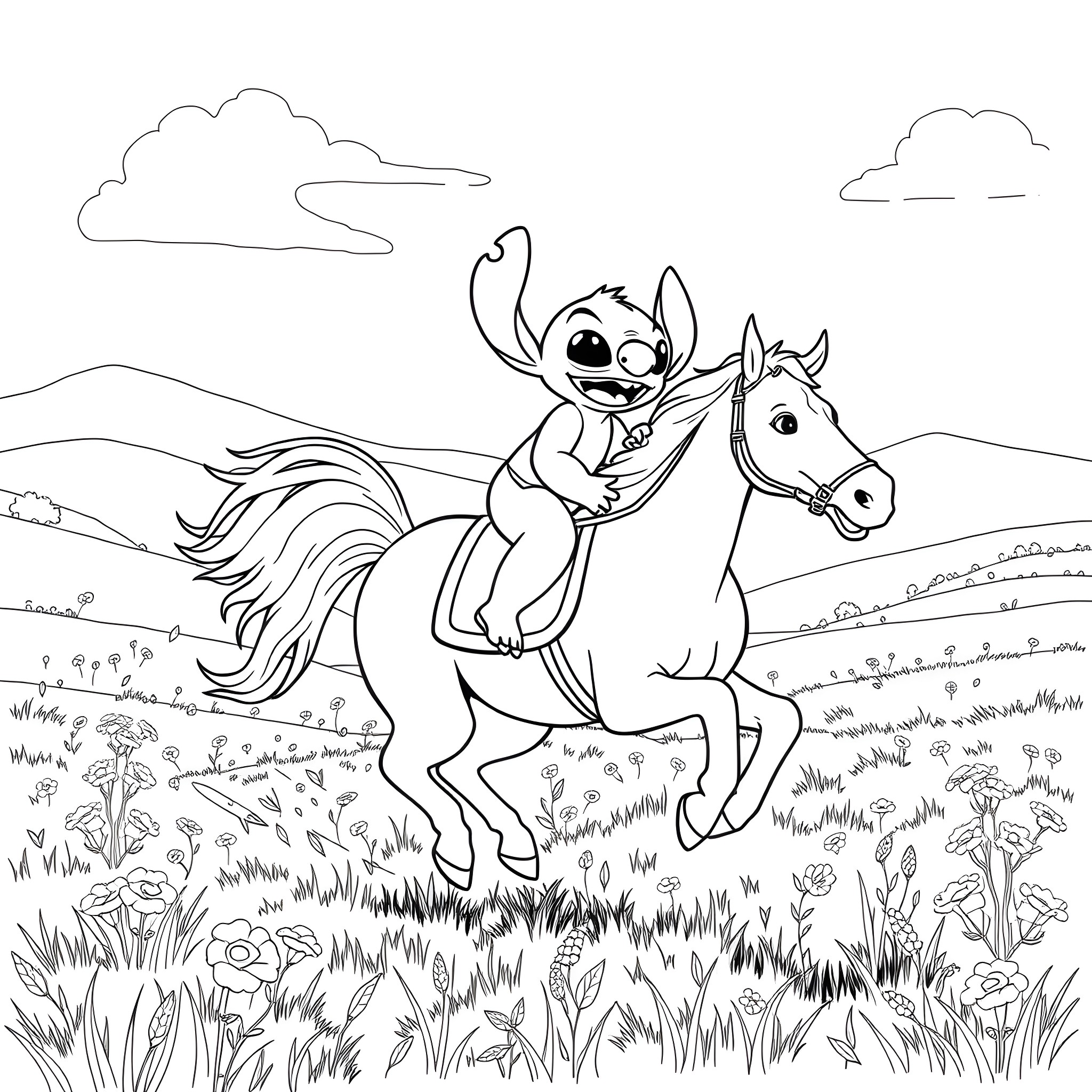 Stitch riding a horse through a scenic landscape Coloring Page (free black-and-white line drawing printable PDF for all, from beginners to advanced learners, including children, teens, adults, and seniors)