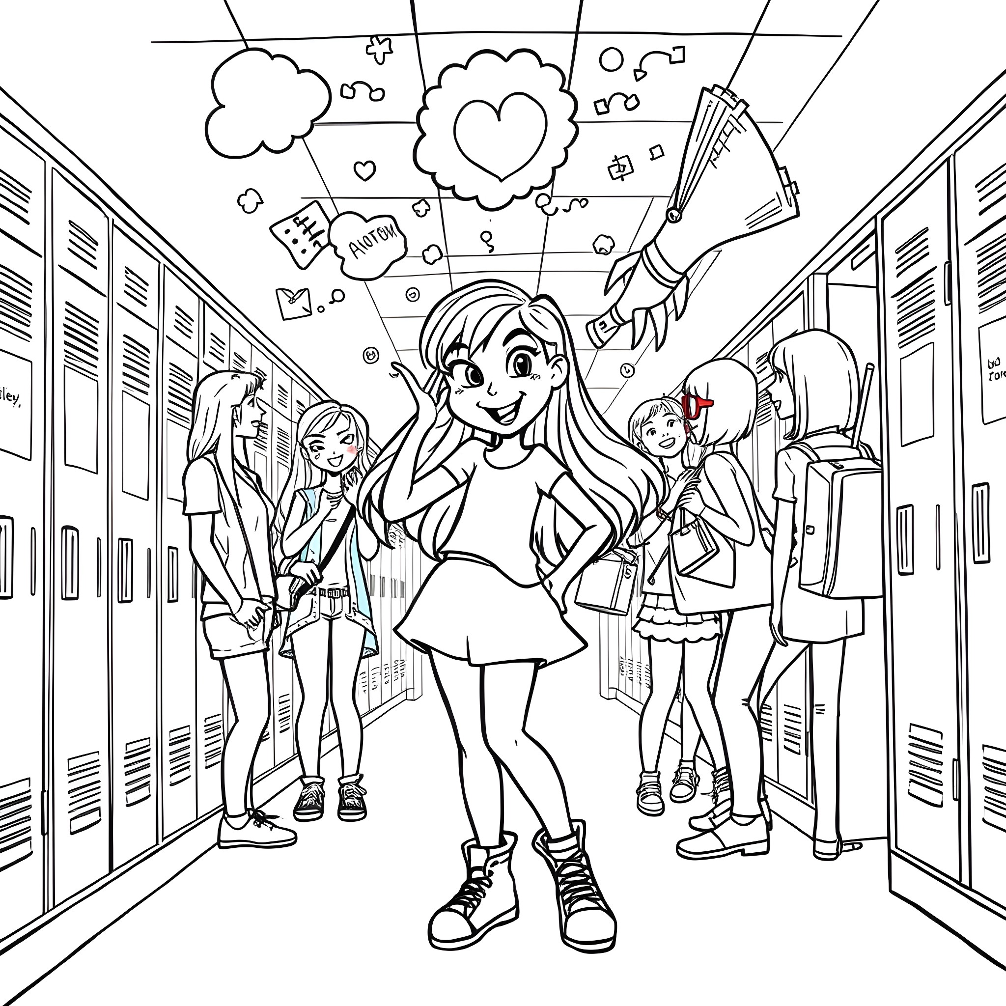 Lizzie McGuire's Colorful School Adventures Coloring Page (free black-and-white line drawing printable PDF for all, from beginners to advanced learners, including children, teens, adults, and seniors)