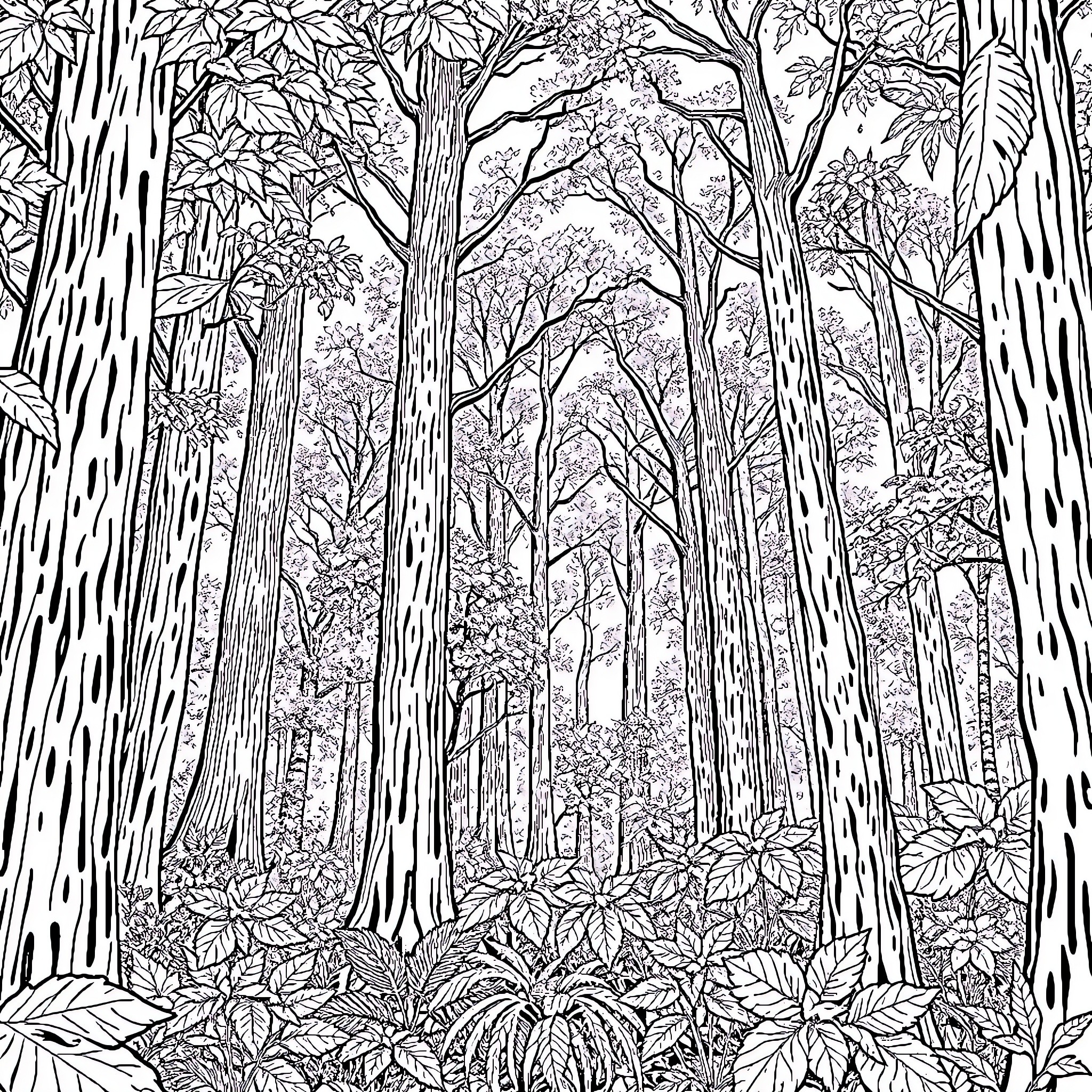 Forest of Intricate Foliage and Towering Trees Coloring Page (free black-and-white line drawing printable PDF for all, from beginners to advanced learners, including children, teens, adults, and seniors)