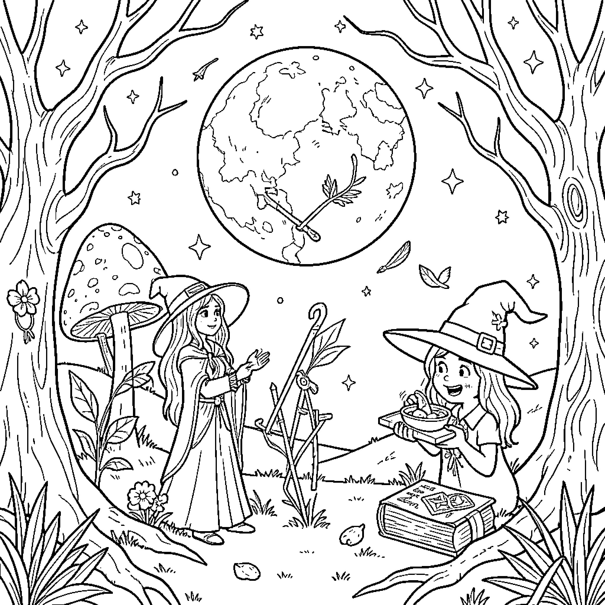 Witchcraft in the Enchanted Forest Coloring Page (free black-and-white line drawing printable PDF for all, from beginners to advanced learners, including children, teens, adults, and seniors)