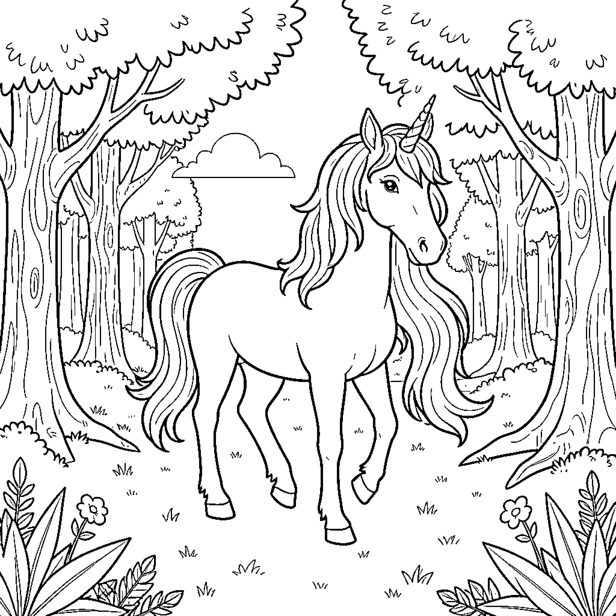 Unicorn standing gracefully in a lush forest Coloring Page (free black-and-white line drawing printable PDF for all, from beginners to advanced learners, including children, teens, adults, and seniors)